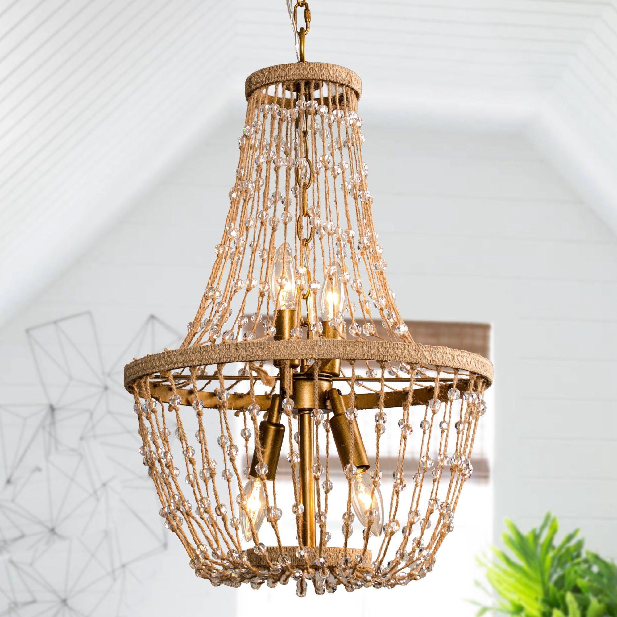 Modern Beaded Basket Weathered Wood 4-Light Chandelier - Rustic Farmhouse Ceiling Light Fixture for Dining Room, Bedroom or Entryway