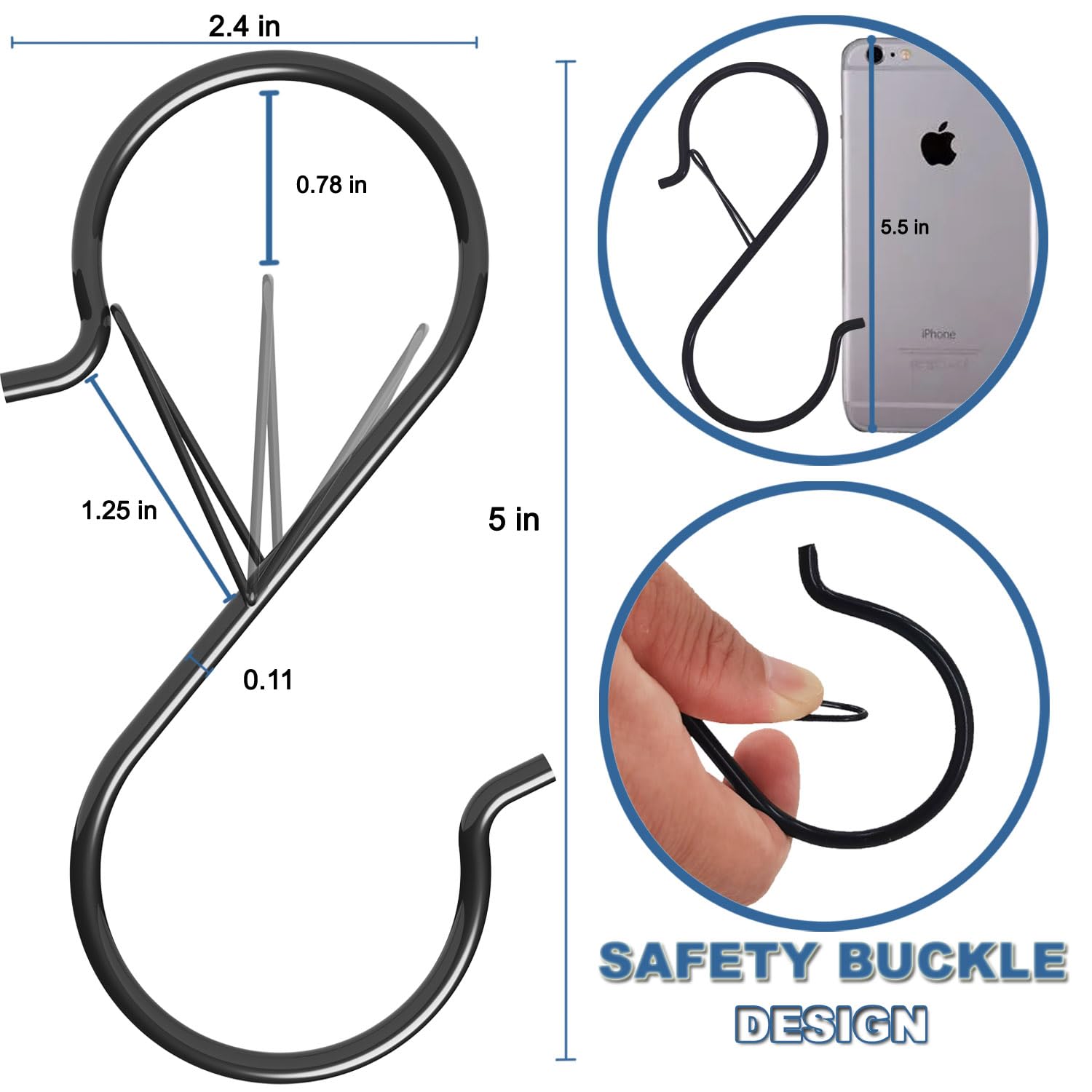 7 Pack Heavy Duty 5-Inch Black Vinyl Coated S Hooks with Safety Buckle - Durable Shelving Hooks for Hanging Plants, Bags, Kitchen Utensils, Cups & Pans - Perfect for Garage, Pantry, Closet & Outdoor Organization