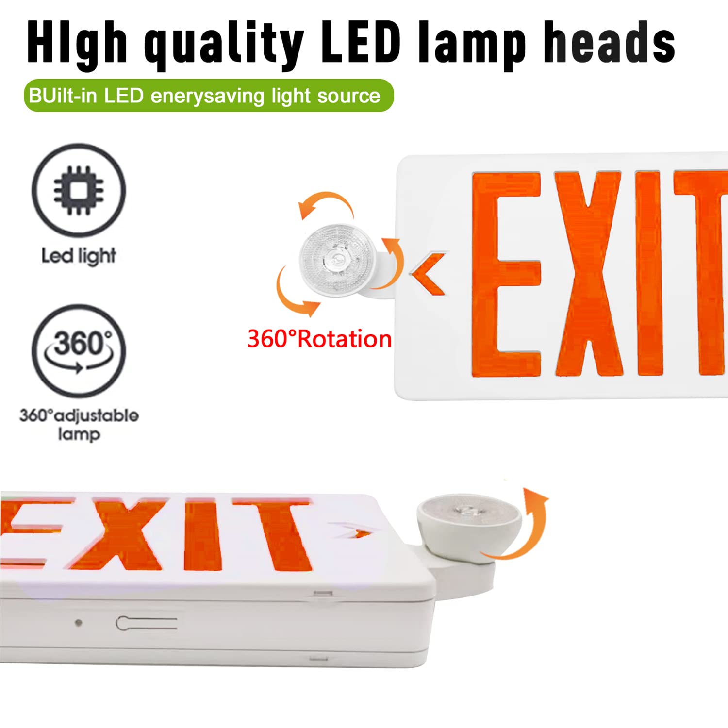 OSTEK Red LED Exit Sign with Emergency Lights - UL-Listed 120-277V Battery Backup, Dual Adjustable LED Heads, ABS Fire-Resistant - Perfect for Commercial Buildings, Warehouses & Emergency Exits