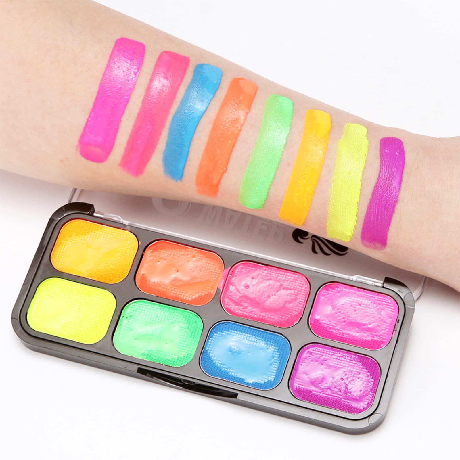 8 Colors UV Glow Neon Face & Body Paint Palette Set - Fluorescent Halloween Cosplay, Party & Carnival Makeup - Non-Toxic, Blacklight Reactive, Safe for Skin - Perfect for Halloween, Raves, Festivals & Night Events