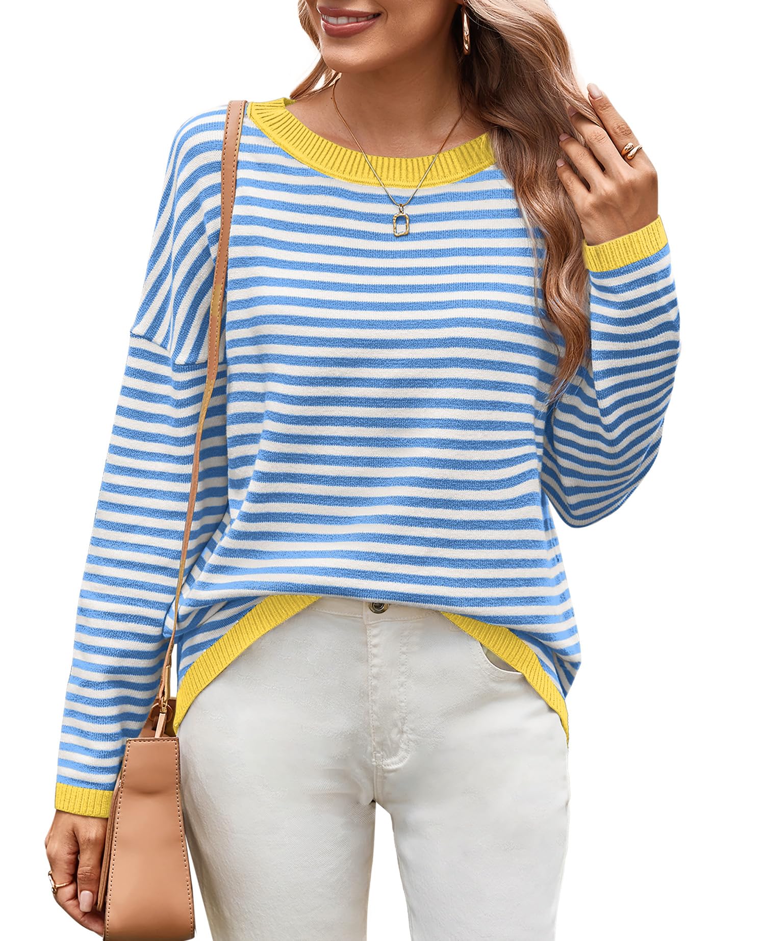 WIHOLL Women's Striped Sweater - Long Sleeve Round Neck Casual Dressy Top | Perfect for Office Wear, Date Nights & Fall Layering