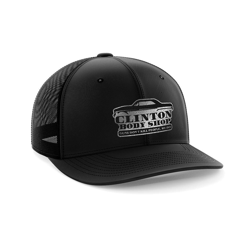 Guns Don't Kill People Clintons Do Black Leather Patch Hat - Political Satire Hat for Men & Women - Perfect for Protests, Rallies and Conservative Events