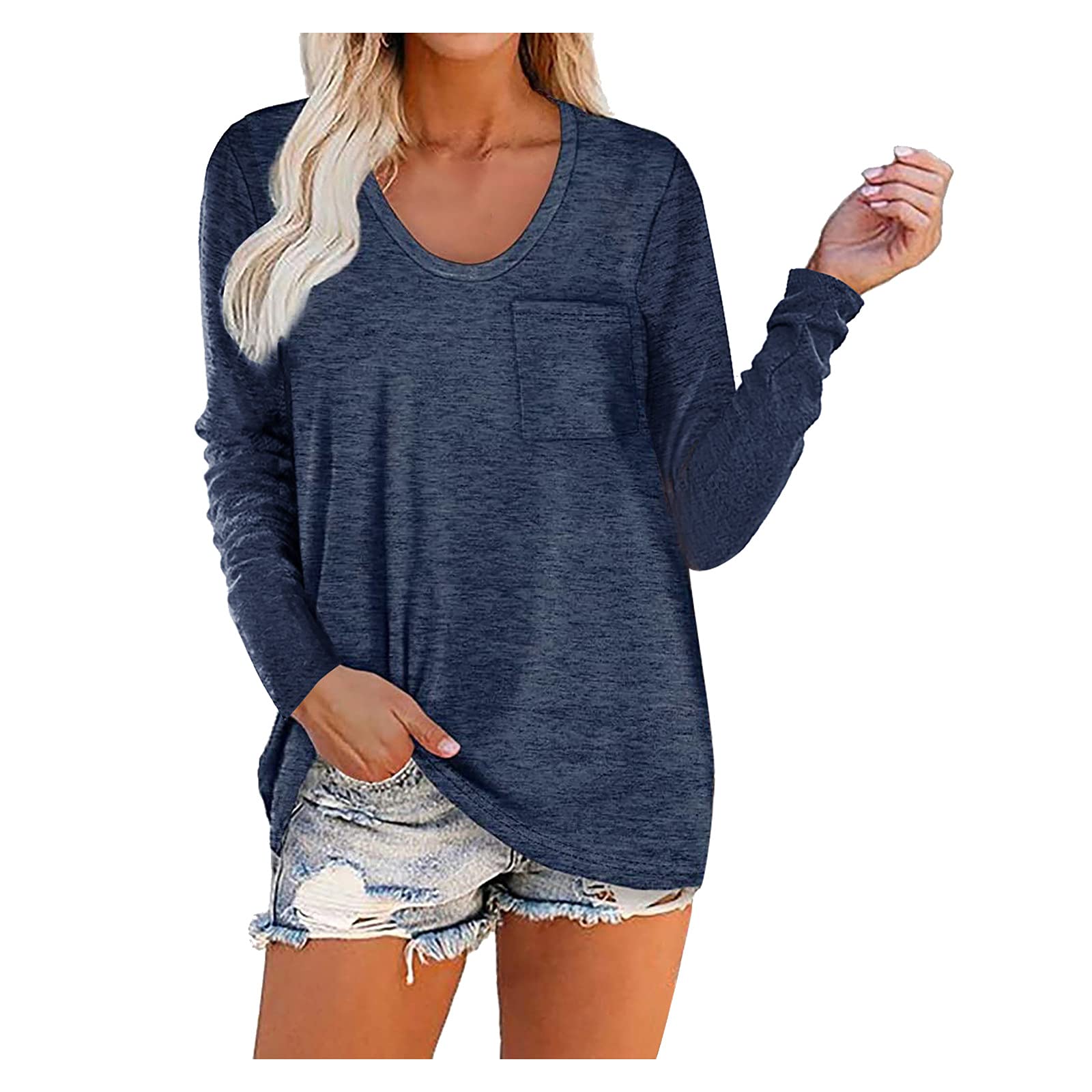 Women's V-Neck Workout Tops with Pockets - Long Sleeve Cropped T-Shirt, Plus Size Loose Fit Blouse & Tunic - Perfect for Gym, Yoga & Casual Wear