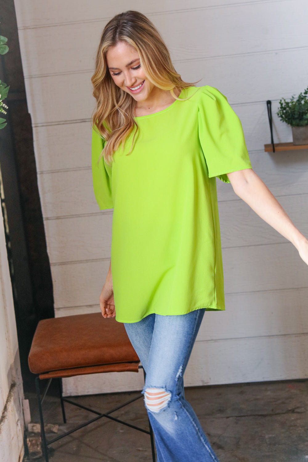 Stylish Neon Green Round Neck Puff Sleeve Crepe Blouse for Women | Trendy Casual & Party Wear | Perfect for Date Nights, Office Outfits & Summer Fashion
