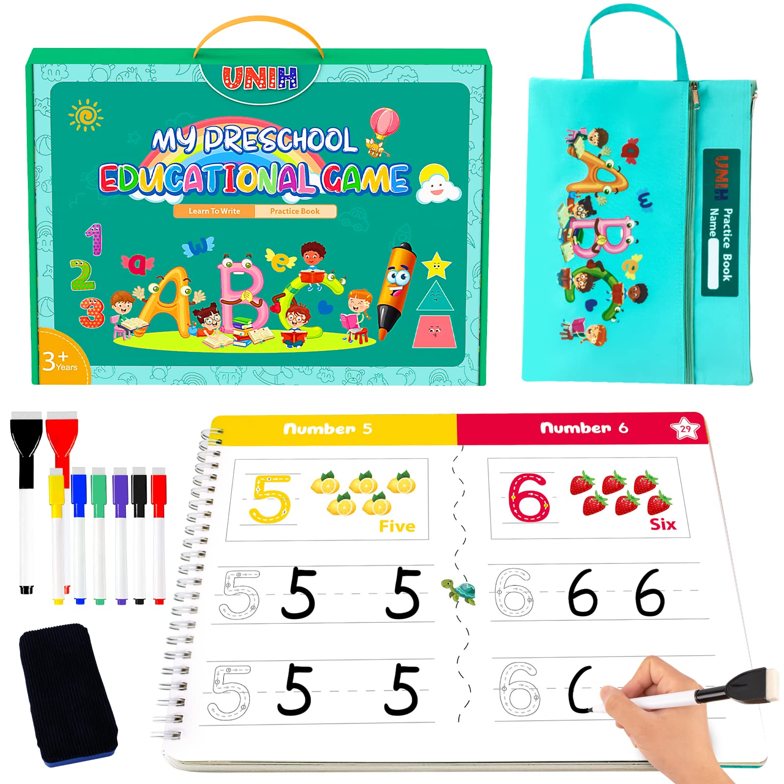 UNIH Preschool Learning Activities - Toddler Educational Toys, Handwriting Practice Book for Kids Ages 3-5, Kindergarten Tracing Workbook with Montessori Activities for Autism & Early Childhood Development - Perfect for Homeschooling, Classroom & Sensory Play