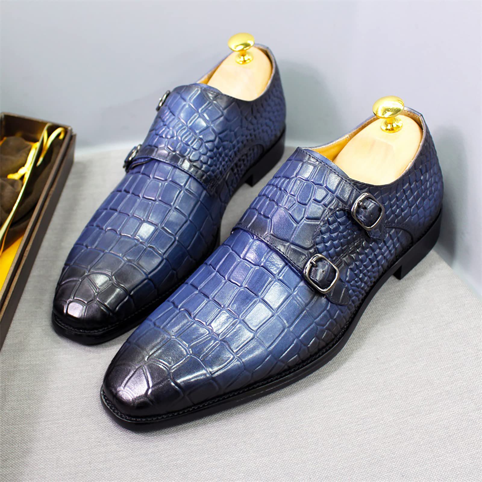 Men's Retro Italian Style Leather Loafers - Monk Buckle Strap Slip-On Dress Shoes for Office & Party | Comfortable Blue Leather Loafers for Business Casual & Formal Occasions - Size 41