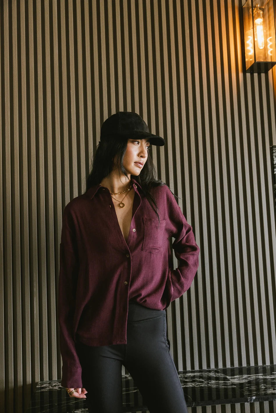 Finley Button Up Shirt in Wine Red - Stylish Casual Blouse for Women | Perfect for Office, Date Night & Everyday Wear | FINAL SALE