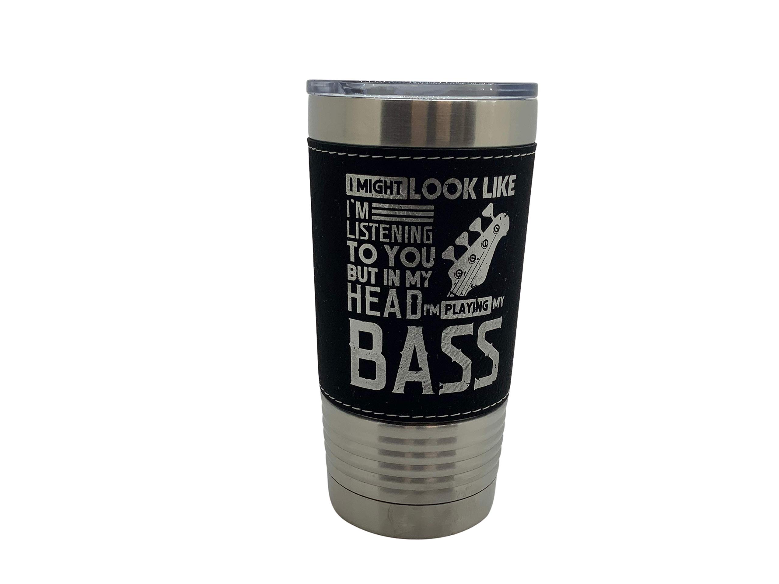 20oz Stainless Steel Vacuum Insulated Tumbler with Leather Wrap - Black Bass Guitar Design | Keeps Drinks Hot/Cold for Hours | Perfect for Musicians, Office & Outdoor Use