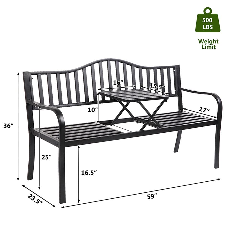 Metal Garden Bench with Pullout Middle Table - Patio Seating Double Seat Steel Bench for Outdoor Garden, Backyard & Deck - Weather-Resistant Black Frame - Perfect for Relaxing, Entertaining & Outdoor Dining