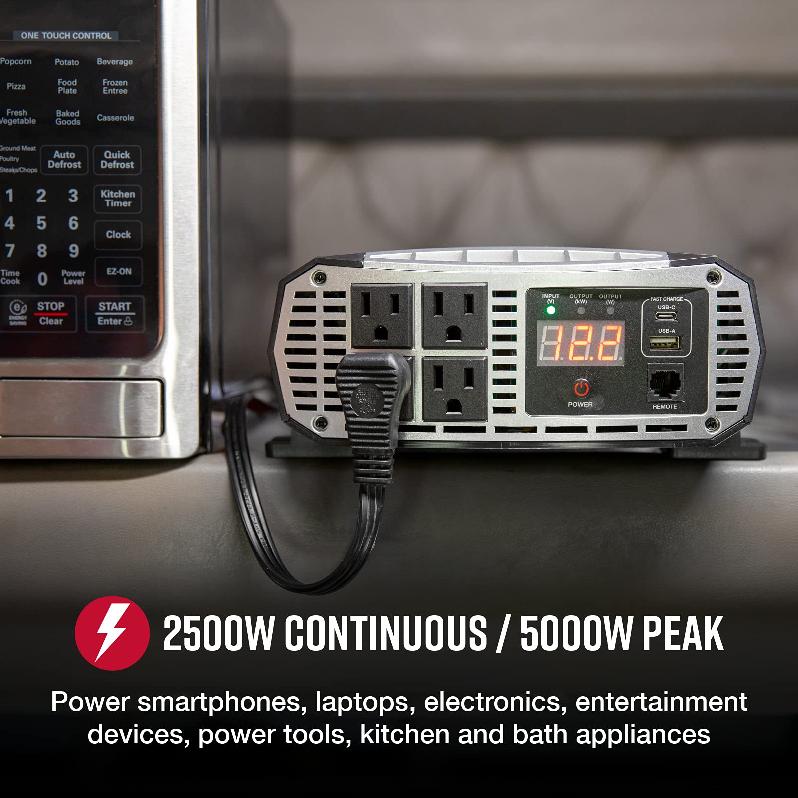 Cobra PRO 2500W Professional Grade Power Inverter - 2500W Car Charger with 4 AC Outlets & 2 USB Ports, Remote Control for Camping, RV, Emergency Power & Outdoor Activities (CPIALCDG1)