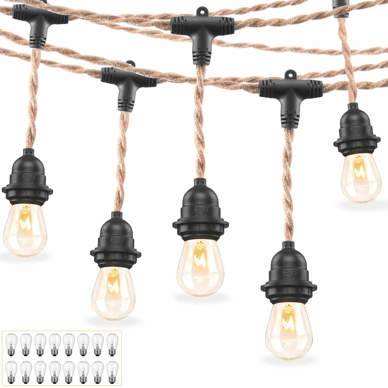 48 FT Hemp Rope Outdoor String Lights - Waterproof & Shatterproof Commercial Grade E26 S14 Bulbs - Perfect for Patio, Garden, Backyard & Wedding Decor