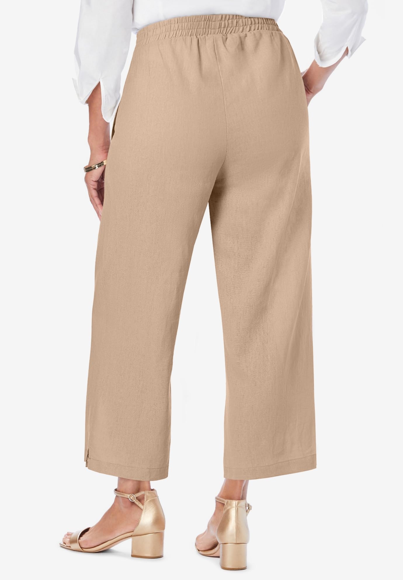 Jessica London Women's Plus Size Wide Leg Linen Crop Pants - Elastic Waist Comfort Fit for Summer - Perfect for Casual Outings, Beach Vacations & Office Wear