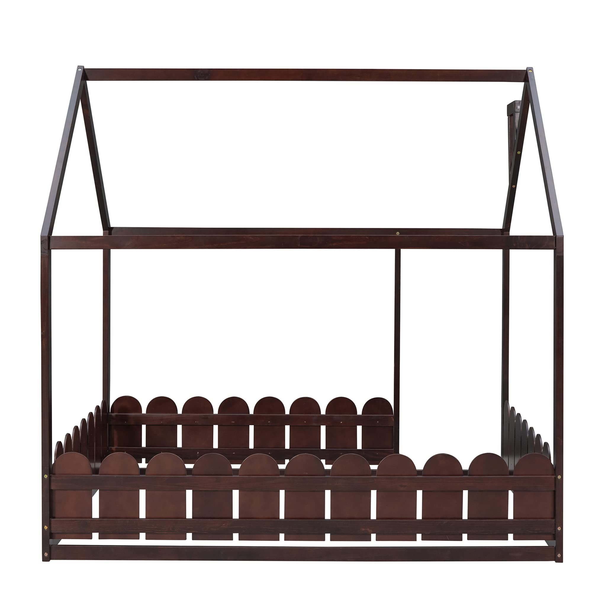 P PURLOVE Full Size Wooden House Bed Frame with Fence-Style Guardrails - No Slats Included - Espresso Finish - Perfect for Kids, Teens, Boys & Girls Bedrooms, Playrooms or Nursery Decor