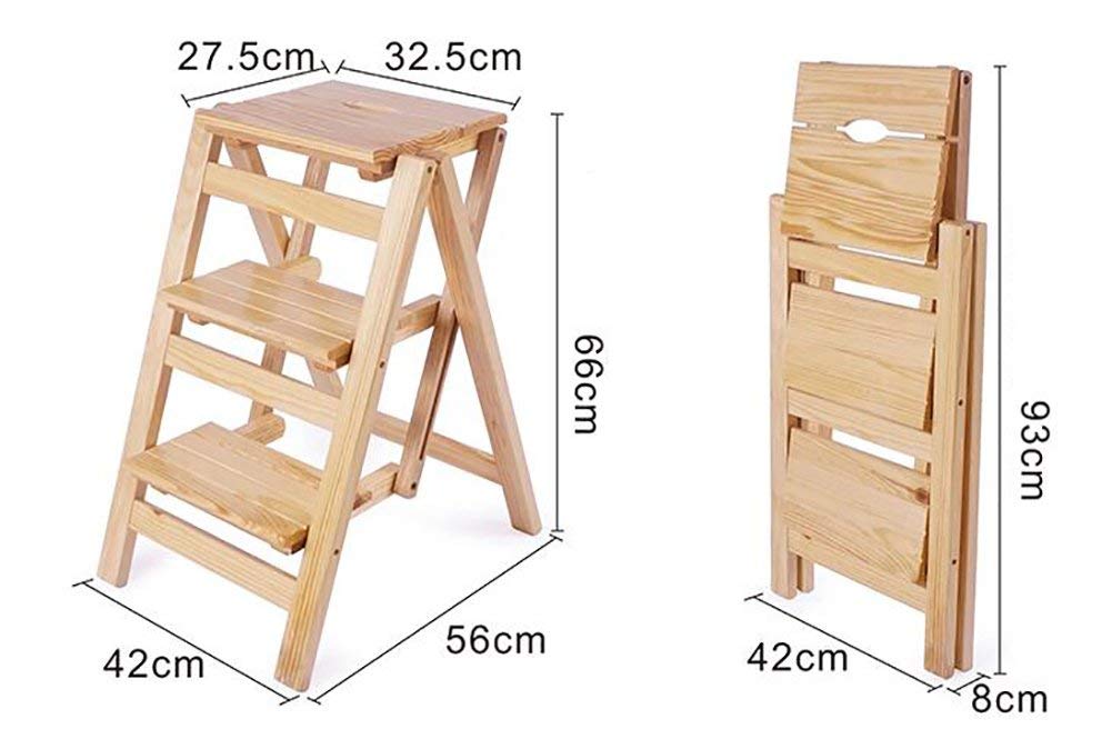 3-Step Foldable Wooden Step Stool Ladder - Portable Handy Stool, Seat, Flower Stand for Home, Kitchen, Bathroom & Utility Use - Natural Wood Color