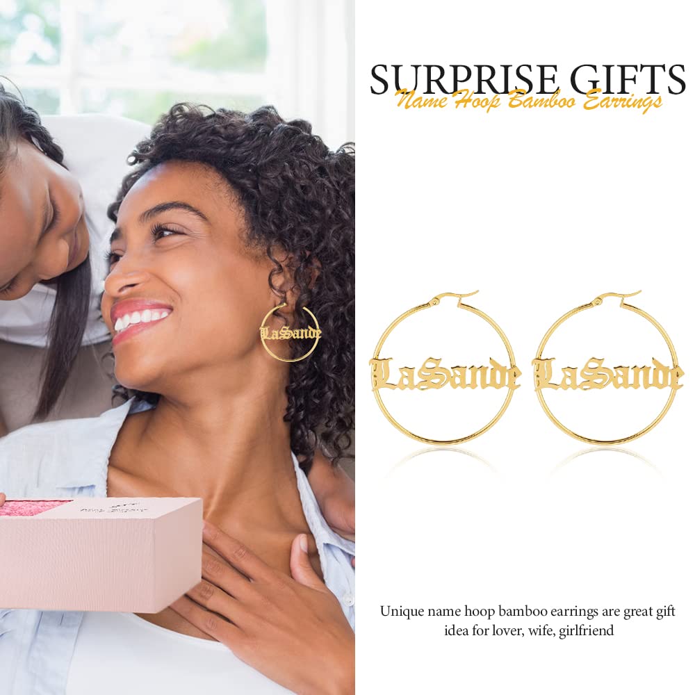 Personalized Bamboo Hoop Earrings with Custom Names - Oversized Big Hoop Earrings for Women, Wife, Mom, Daughter & Sister - Perfect for Birthday, Graduation & Hip-Hop Fashion Accessories