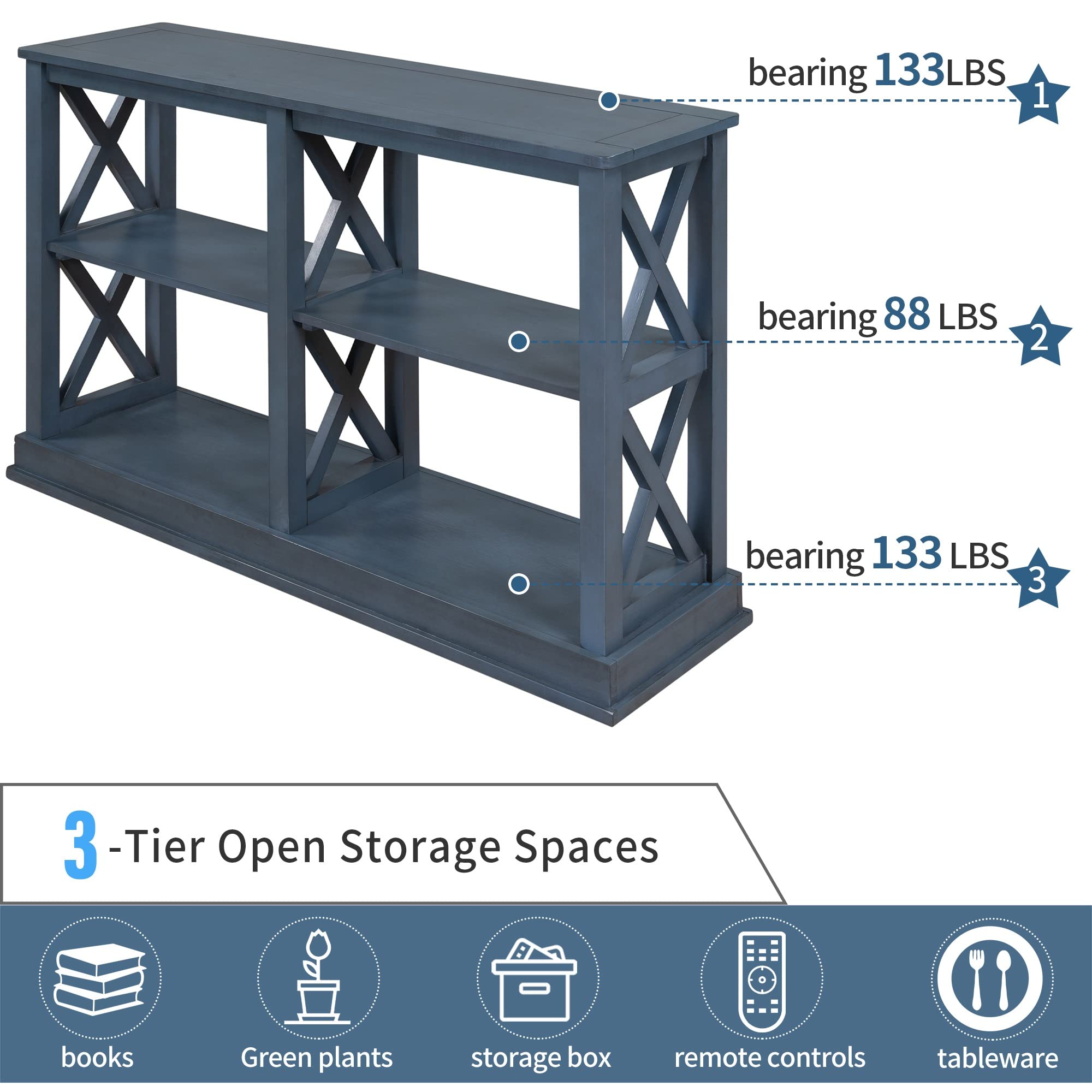 TREXM Modern Narrow Console Table with 3-Tier Open Storage & X-Shaped Legs - Sofa Table for Living Room, Entryway, Hallway - Space Saving Design for Small Apartments (Navy Blue)
