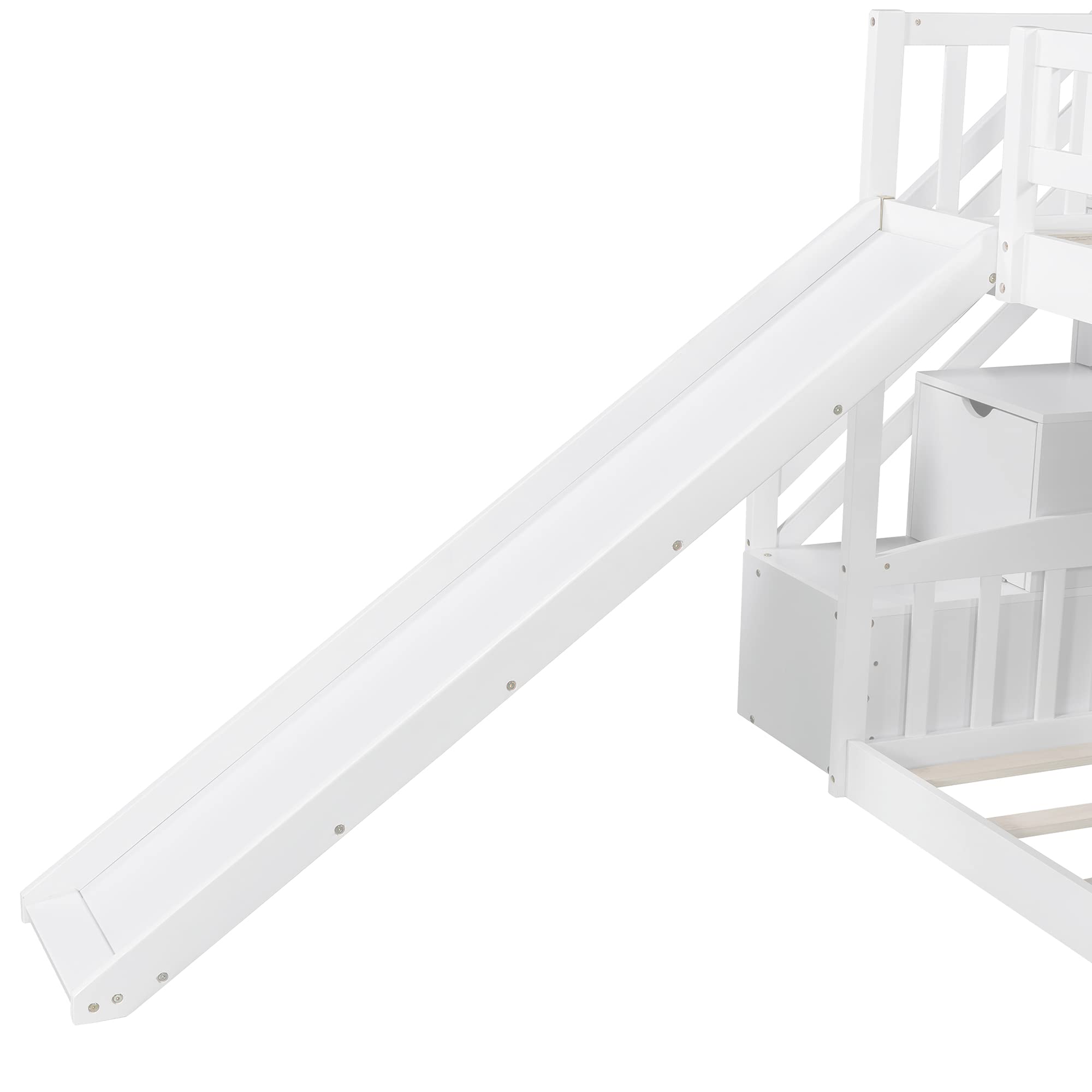 **Kids Wooden Low Bunk Bed with Slide & Stairs - Twin Over Twin Floor Bunk Bed with Storage Shelves & Handrail - White Bunk Bed for Small Rooms, Playrooms & Sleepovers (#8)**