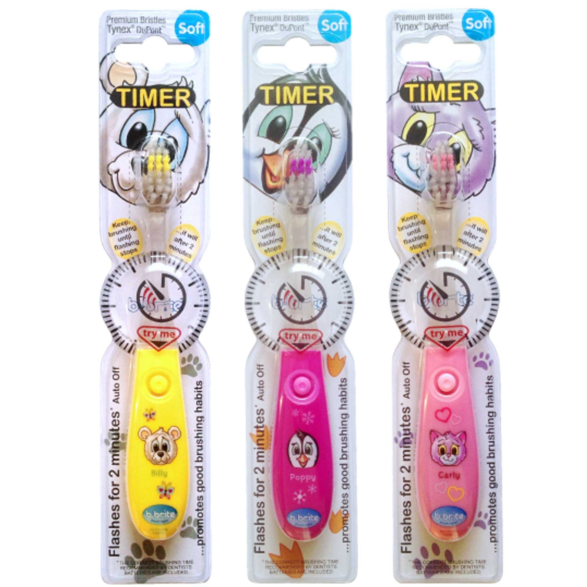 Kids Electric Toothbrush with Flashing Timer - Pack of 3 for Girls - Club Cutie Design | Fun Way to Encourage 2-Minute Brushing Habit for Children's Dental Care