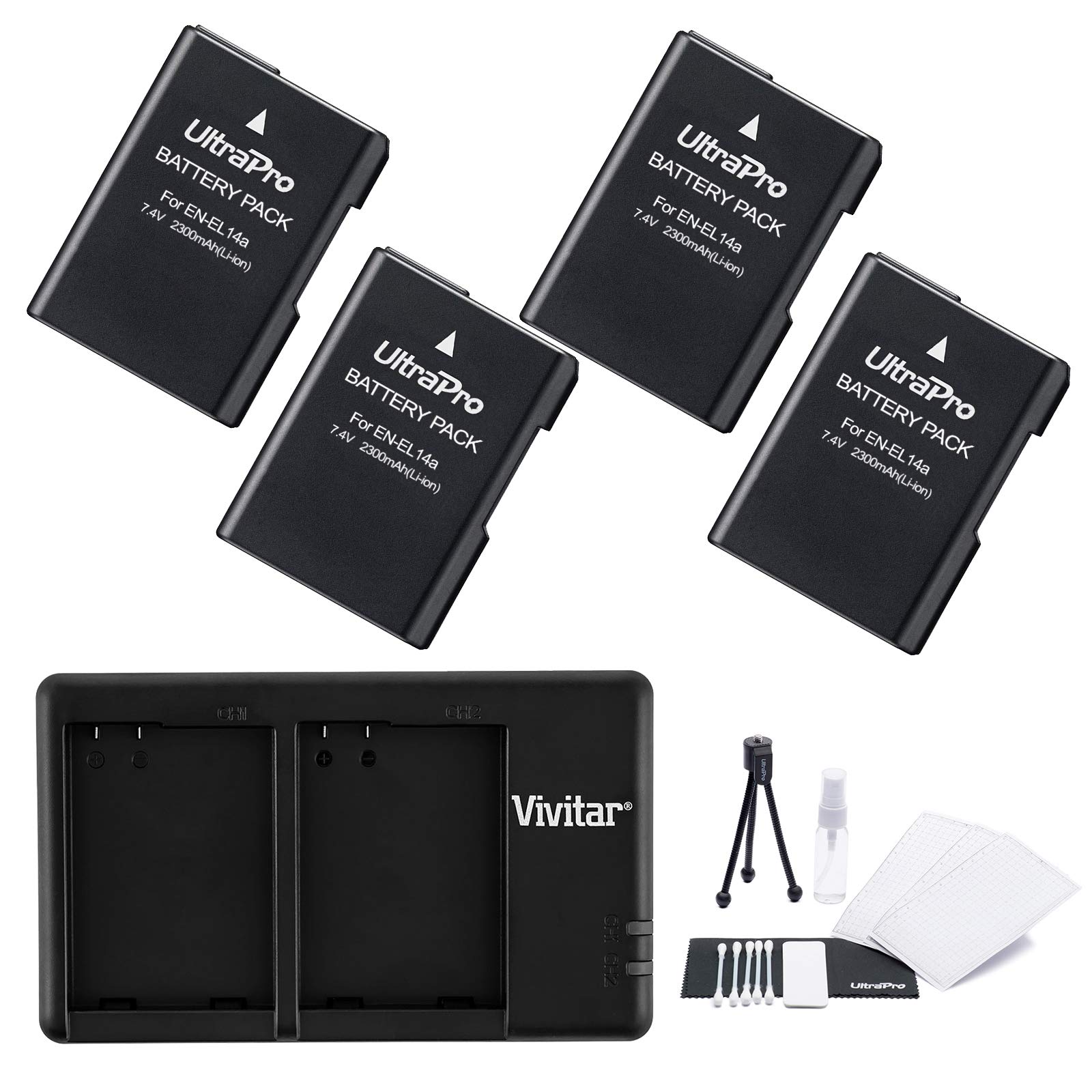 4-Pack EN-EL14 / EN-EL14A High-Capacity Replacement Battery with Rapid Dual Charger for Nikon D3100 D3200 D3300 D3400 D3500 DSLR Cameras - Includes Camera Cleaning Kit, LCD Screen Protectors & Mini Tripod - Perfect for Travel, Photography Sessions & Outdoor Shooting