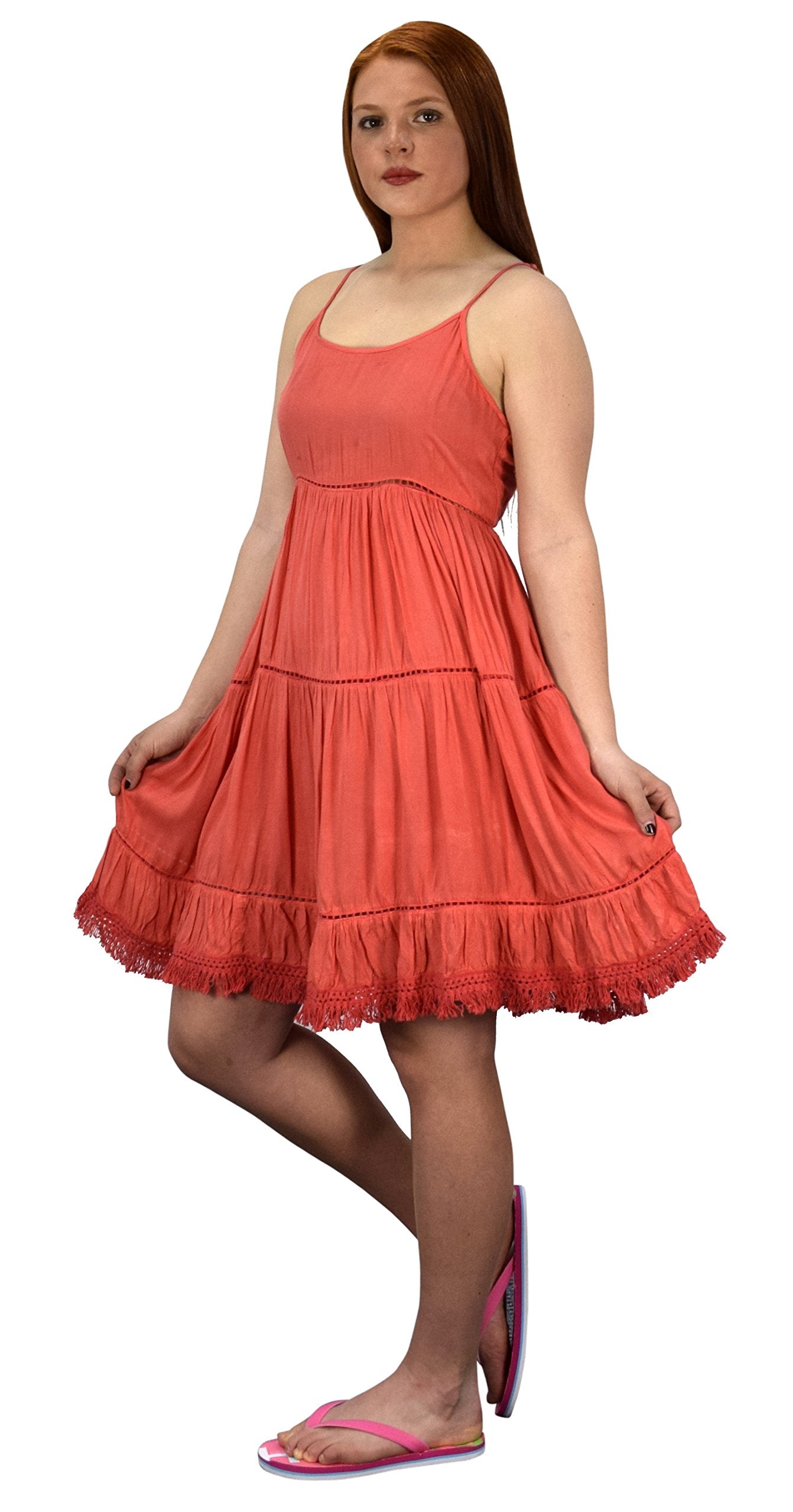 Women's Spaghetti Strap Tiered A-Line Summer Dress with Fringed Hem - Boho Chic Flowy Beach Dress for Vacation, Date Night & Casual Outings