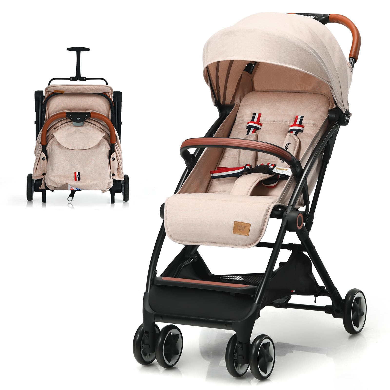 BABY JOY Lightweight Compact Baby Stroller for Travel - Airplane Approved Infant Stroller with 5-Point Safety Harness, Adjustable Backrest & Canopy, Storage Basket | Easy One-Hand Fold Beige Stroller for Newborns & Toddlers | Perfect for Air Travel, Shopping & Daily Walks