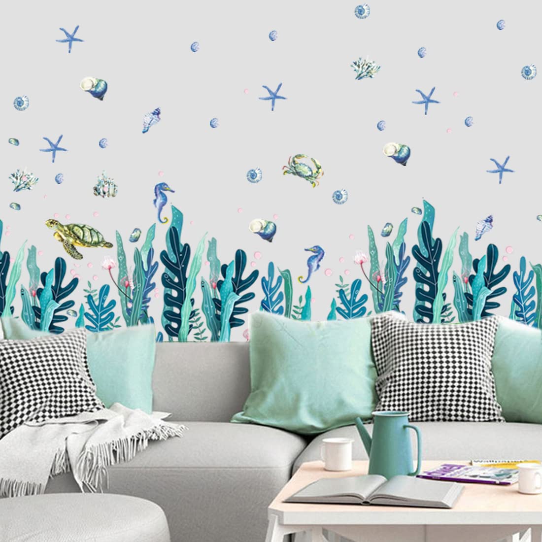 2 Sheets Under The Sea Wall Decals - 3D Ocean Sea Turtle & Grass Seaweed Stickers for Kids Room, Nursery, Bathroom Decor | Waterproof Removable Wall Art for Bedroom, Kitchen, Toilet | Perfect for Ocean-Themed Home Decoration & Underwater Party Decor