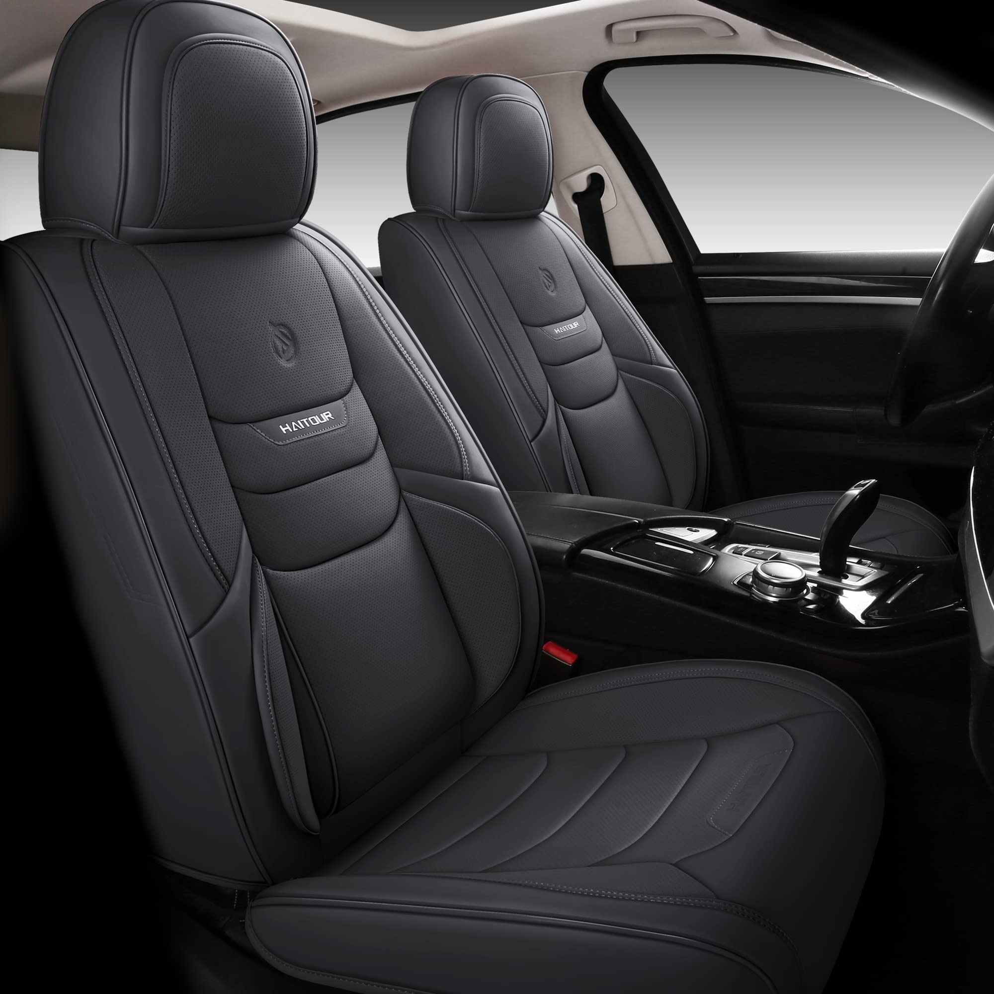 Universal Fit Full Coverage Leather Car Seat Covers for Cars, Sedans, Trucks & SUVs - Waterproof Luxury Seat Protector with Cushion (5-Seat Set, Black) - Perfect for Daily Commute, Road Trips & Vehicle Protection