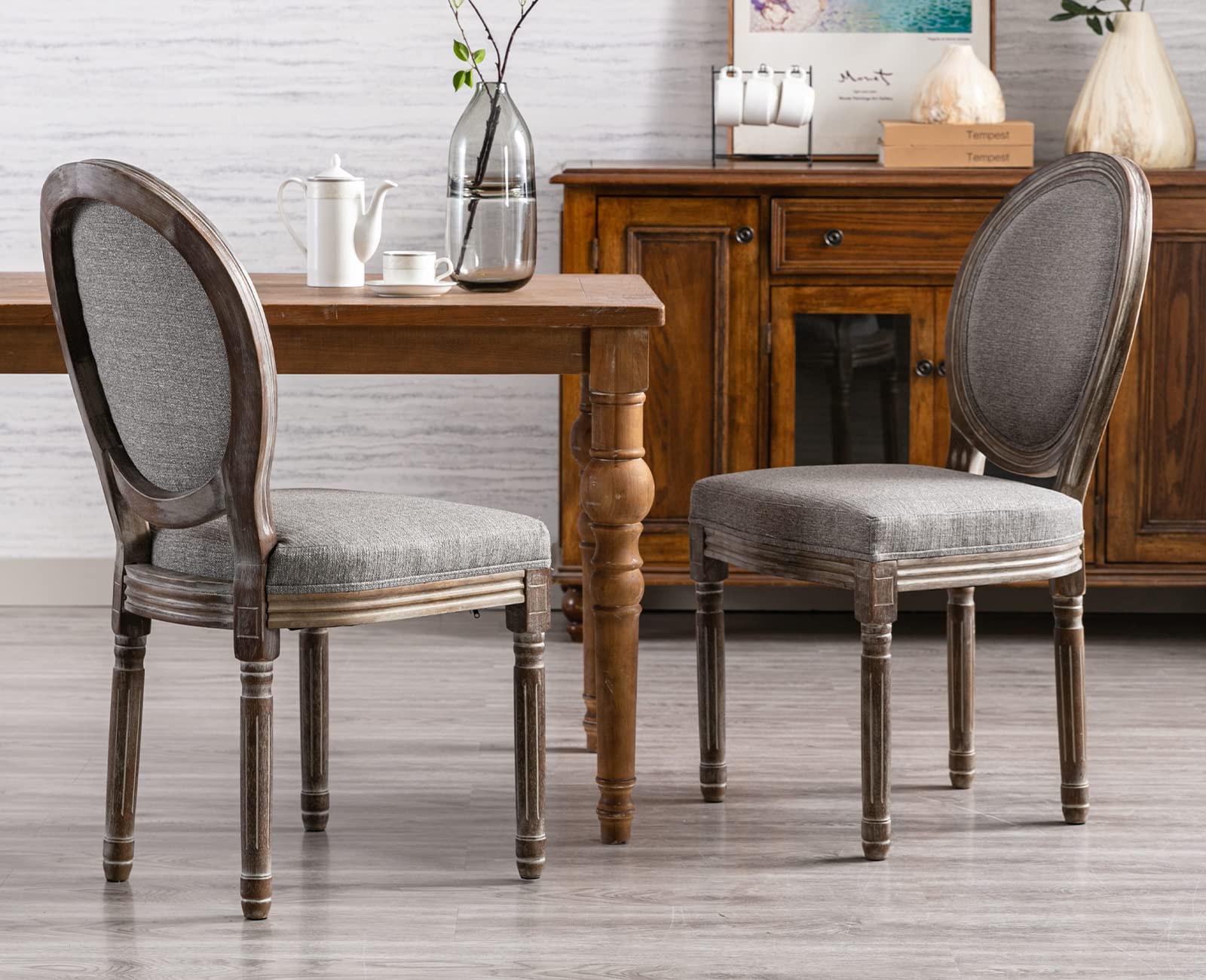 Kmax Farmhouse Dining Chairs Set of 2 - Distressed French Country Style Round Back Kitchen Chairs with Tufted Gray Fabric & Brown Wood Legs - Perfect for Dining Room, Breakfast Nook, or Bedroom Sitting Area