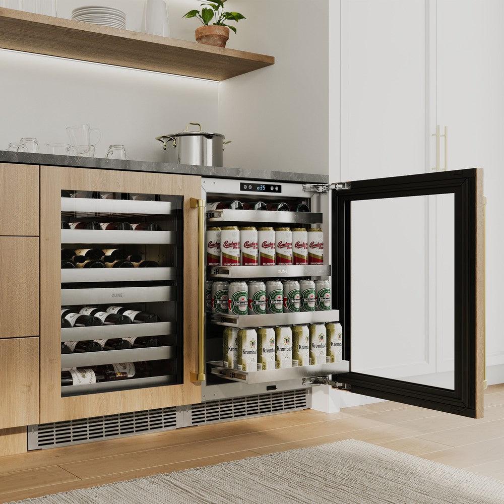 ZLINE Autograph Edition 24 Inch Touchstone 151 Beverage Refrigerator - Panel Ready Glass Door with Polished Gold Handle - Perfect for Home Bar, Kitchen, or Office (RBSPOZ 24 G)