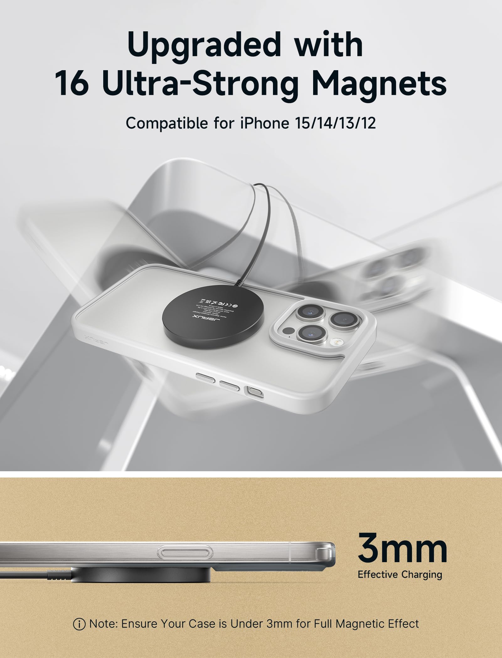 JSAUX Magnetic Wireless Charger for iPhone 15/14/13/12 Series - Fast Qi-Certified Charging Pad with Strong Magnets, Compatible with MagSafe Cases (Clear-Black) | Perfect for Home, Office & Car Use