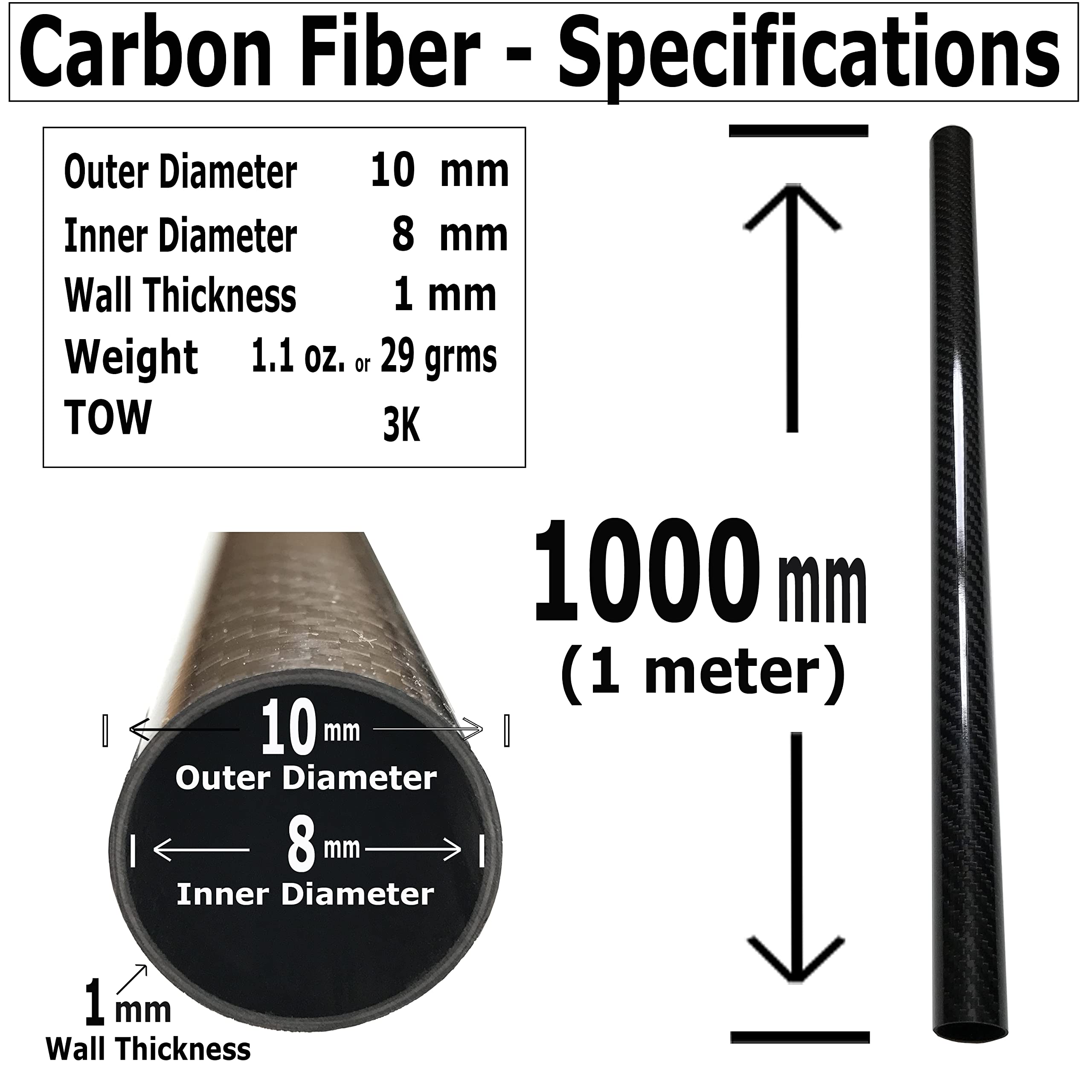 Premium Black Carbon Fiber Tube - 10mm x 8mm x 1000mm Hollow Rod - High Strength Lightweight Carbon Fiber Shaft for RC Models, Drones, DIY Projects & Industrial Applications