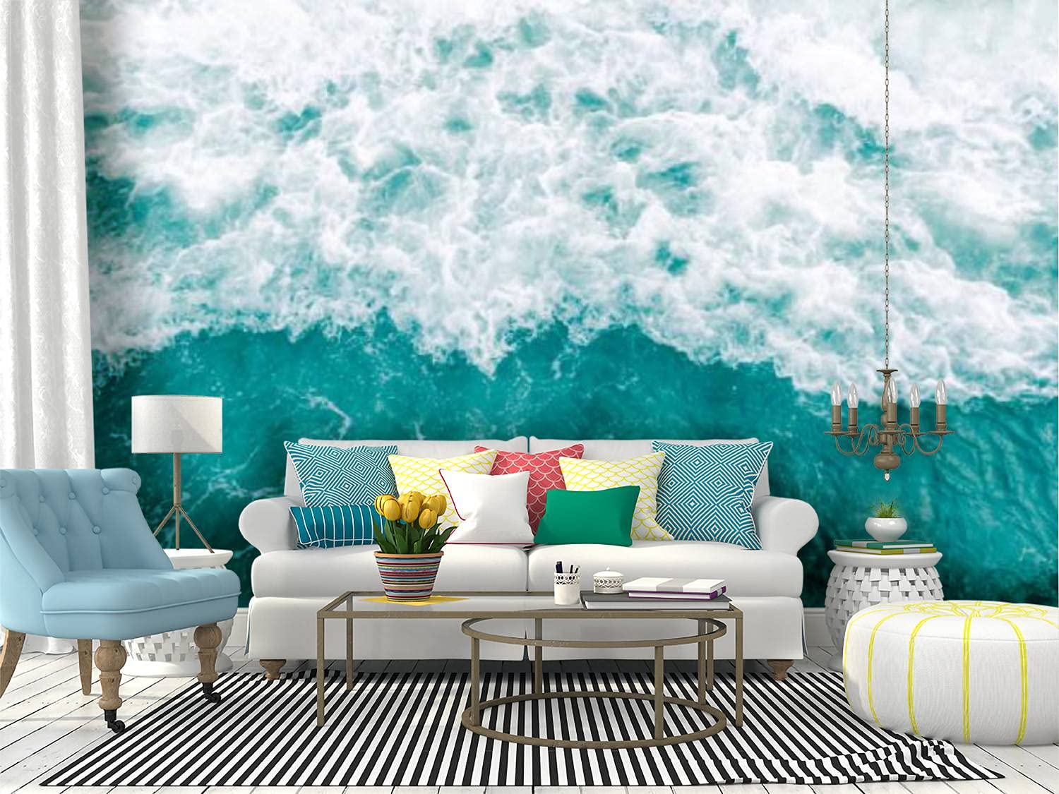 Turquoise Olive Green Ocean Wave Peel and Stick Wallpaper - Self-Adhesive Removable Vinyl Wall Mural for Home Decor | Perfect for Living Room, Bedroom, Nursery & Office Walls