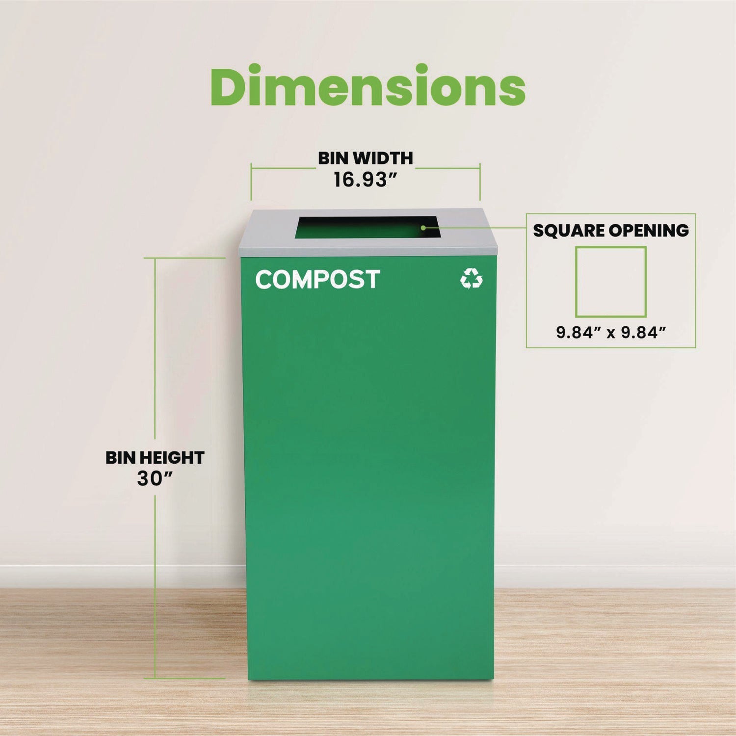 Alpine Industries 29 Gallon Steel Trash Can & Recycling Bin - Green Compost Waste Container with Square Lid for Kitchen, Office & Outdoor Use