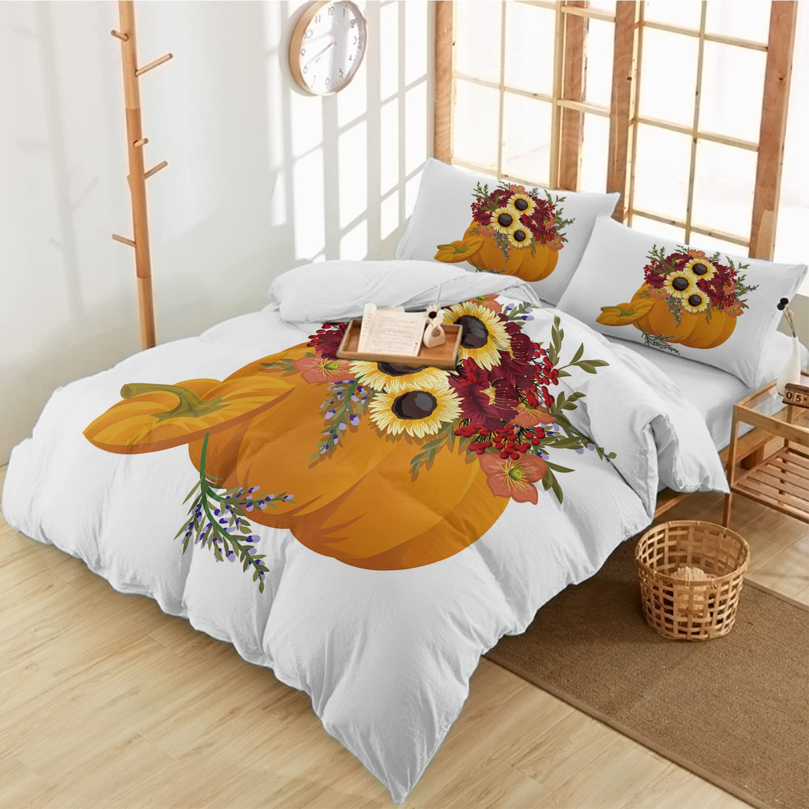 3-Piece Twin Duvet Cover Set - Soft Luxury Sunflower & Pumpkin Print Comforter Cover with 2 Pillow Shams - Thanksgiving Floral Bedding for Cozy Bedroom Decor | Perfect for Guest Rooms, Dorms & Seasonal Home Styling