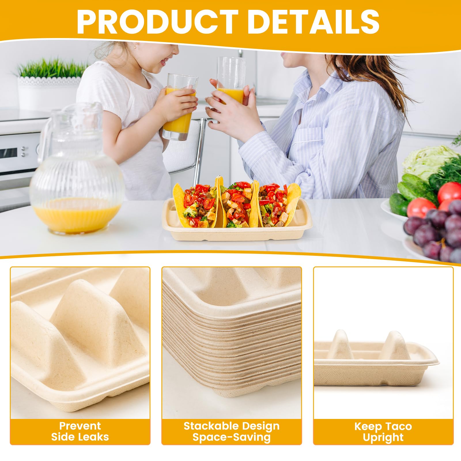 25-Pack Eco-Friendly Bagasse Fiber Taco Holders with 3 Dividers | Disposable Taco Stands for Parties, Taco Tuesday & Fiesta Serving | Perfect for Taco Bars, Buffets & Family Gatherings