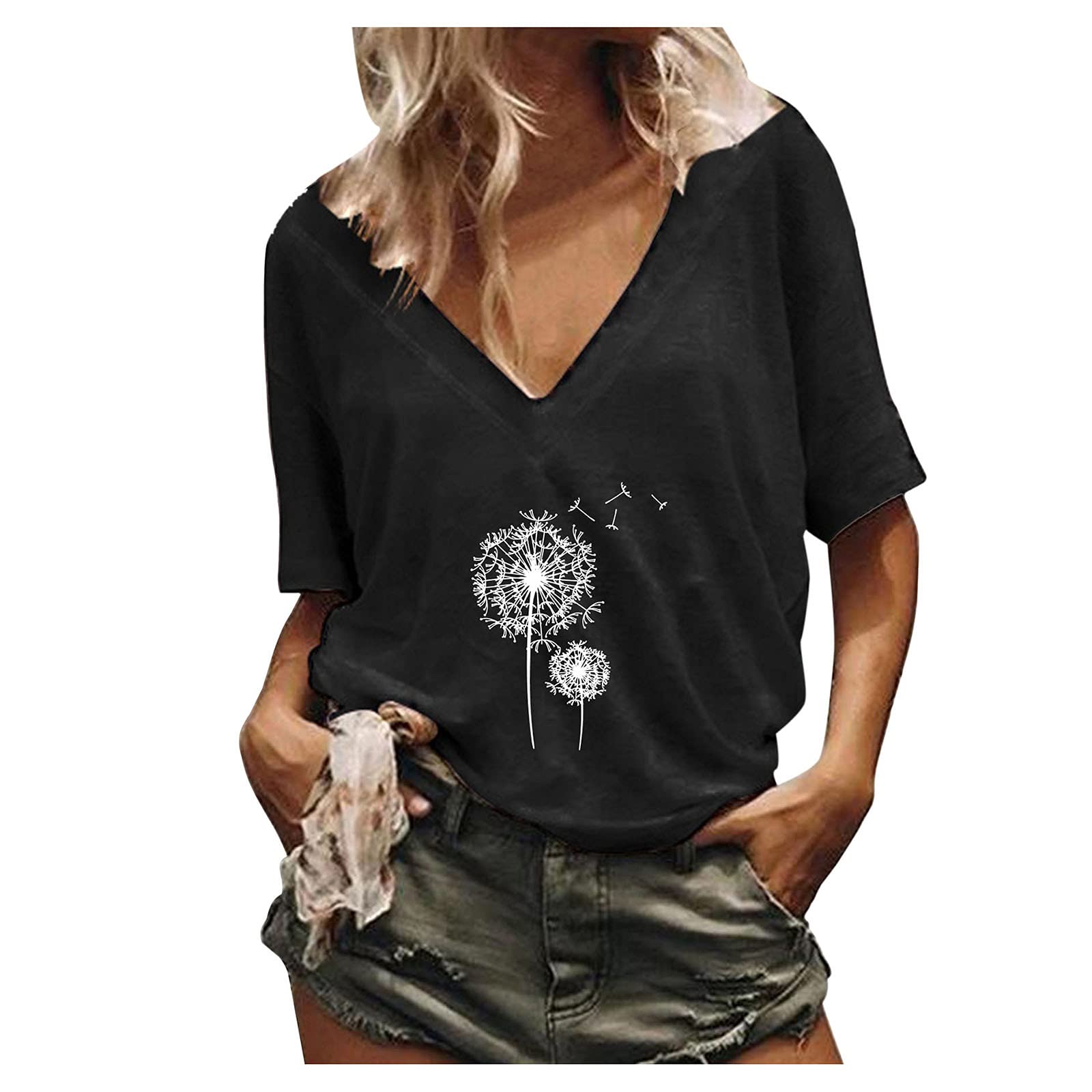 Women's Summer Floral V-Neck T-Shirt - Classic Short Sleeve Cute Top for Casual Wear, Beach Outings & Date Nights