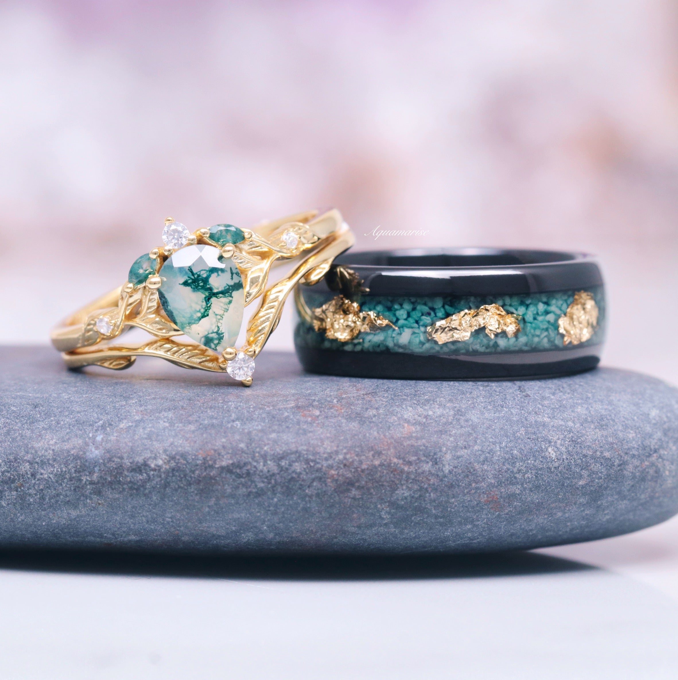 8MM Black Tungsten Wedding Band with Moss Agate & Gold Leaf - Elegant Unisex Ring for Men & Women, Perfect for Engagement, Anniversary, and Special Occasions