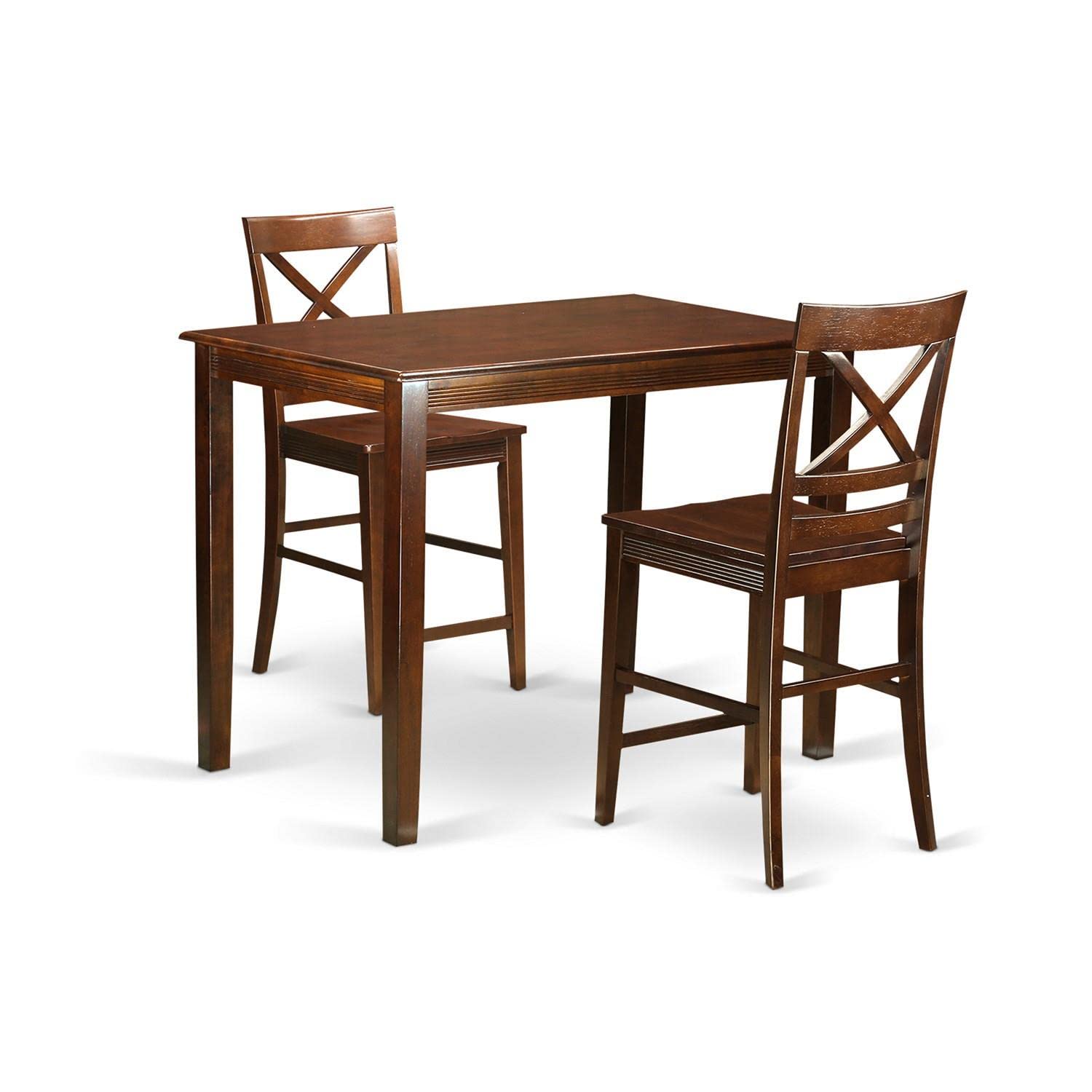 East West Furniture YAQU3-MAH-W 3-Piece Counter Height Dining Set - 30x48 Inch Mahogany Rectangle Kitchen Table with 2 Bar Stools for Small Spaces, Breakfast Nook & Apartment Dining
