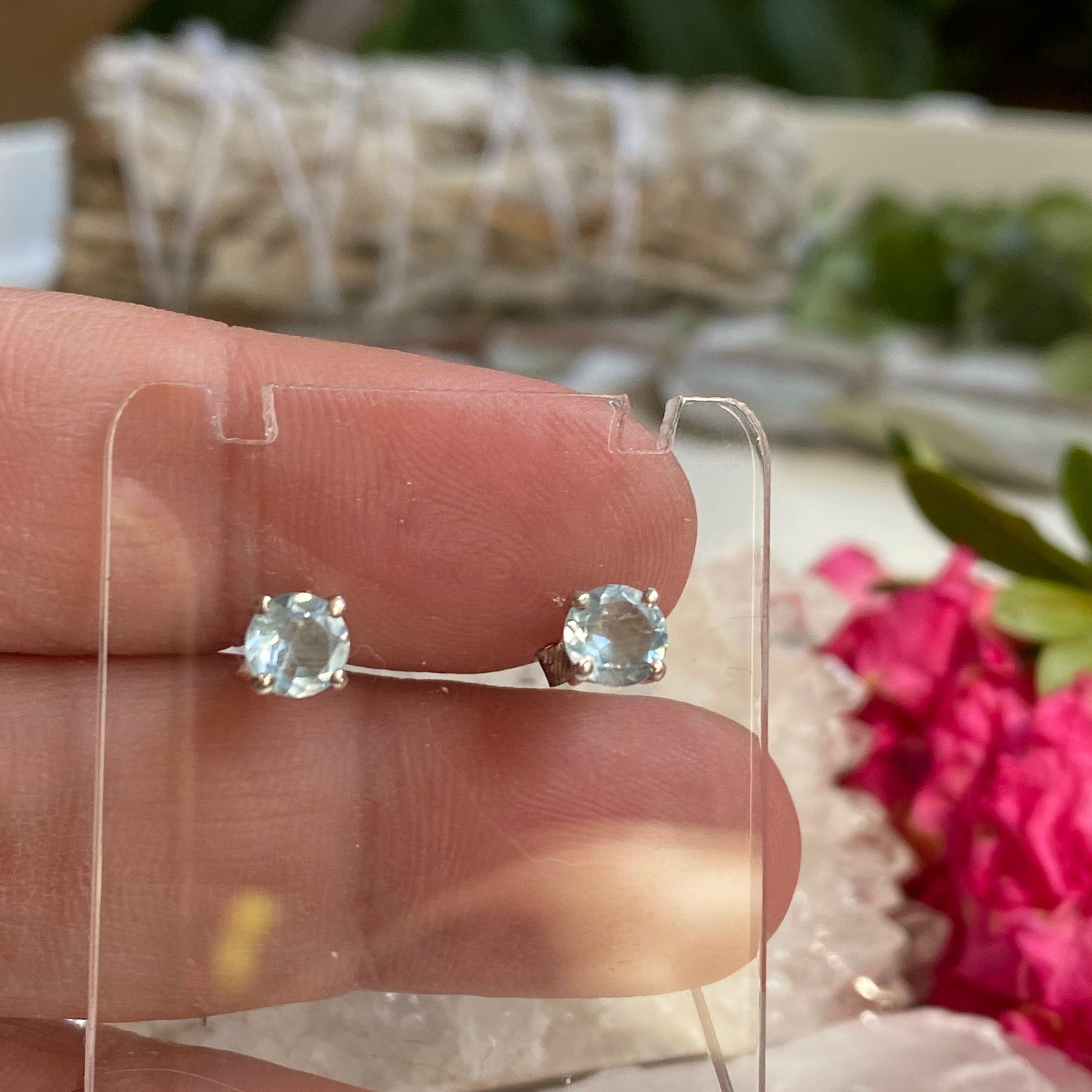 Blue Topaz Small Round Faceted Stud Earrings - 925 Sterling Silver Dainty Jewelry for Women - Perfect for Everyday Wear, Gifts & Special Occasions