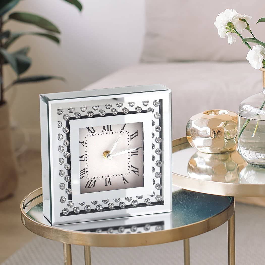 Crystal Sparkle Silent Desk Clock - 8x8x2 Inch Square Mirrored Table Top Decorative Clock with Diamond Accents for Home & Office Decor | Perfect for Bedroom, Living Room, or Gift Giving