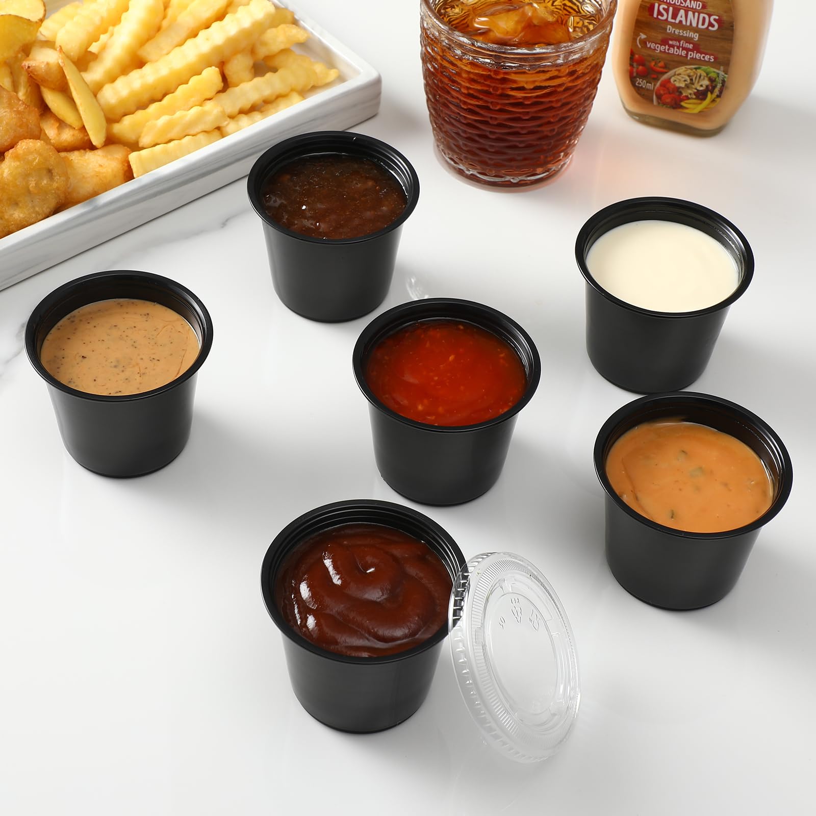 AOZITA 120-Pack 5.5 oz Black Plastic Portion Cups with Lids - Airtight, Stackable Souffle Cups for Salad Dressing, Sauces, Condiments - Perfect for Meal Prep, Parties, Picnics & Travel