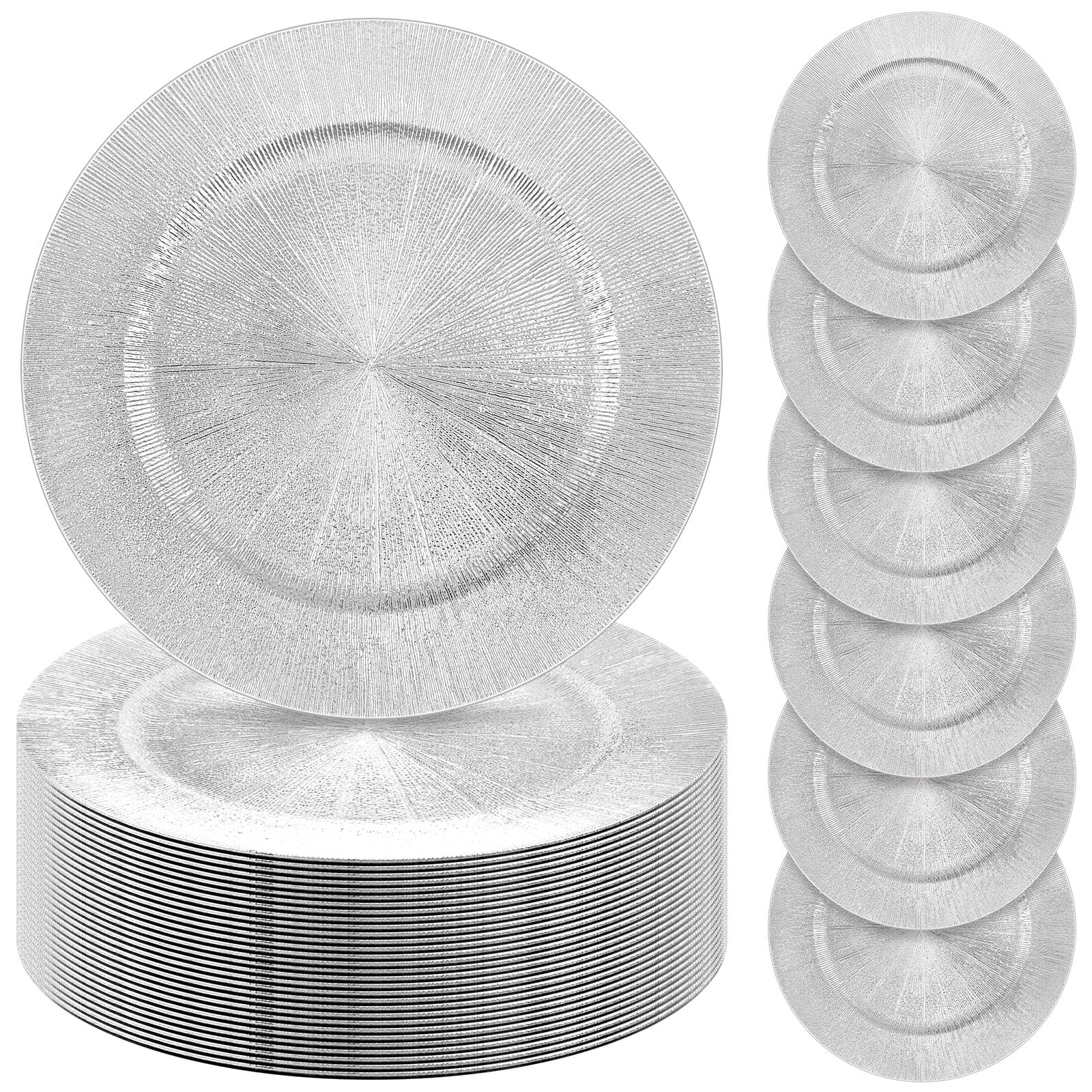 Tanlade 50 Pcs 13 Inch Round Plastic Charger Plates Bulk - Elegant Silver Reusable Dinner Plates for Wedding, Party & Event Table Settings - Perfect for Buffet, Banquet, and Fine Dining Decor