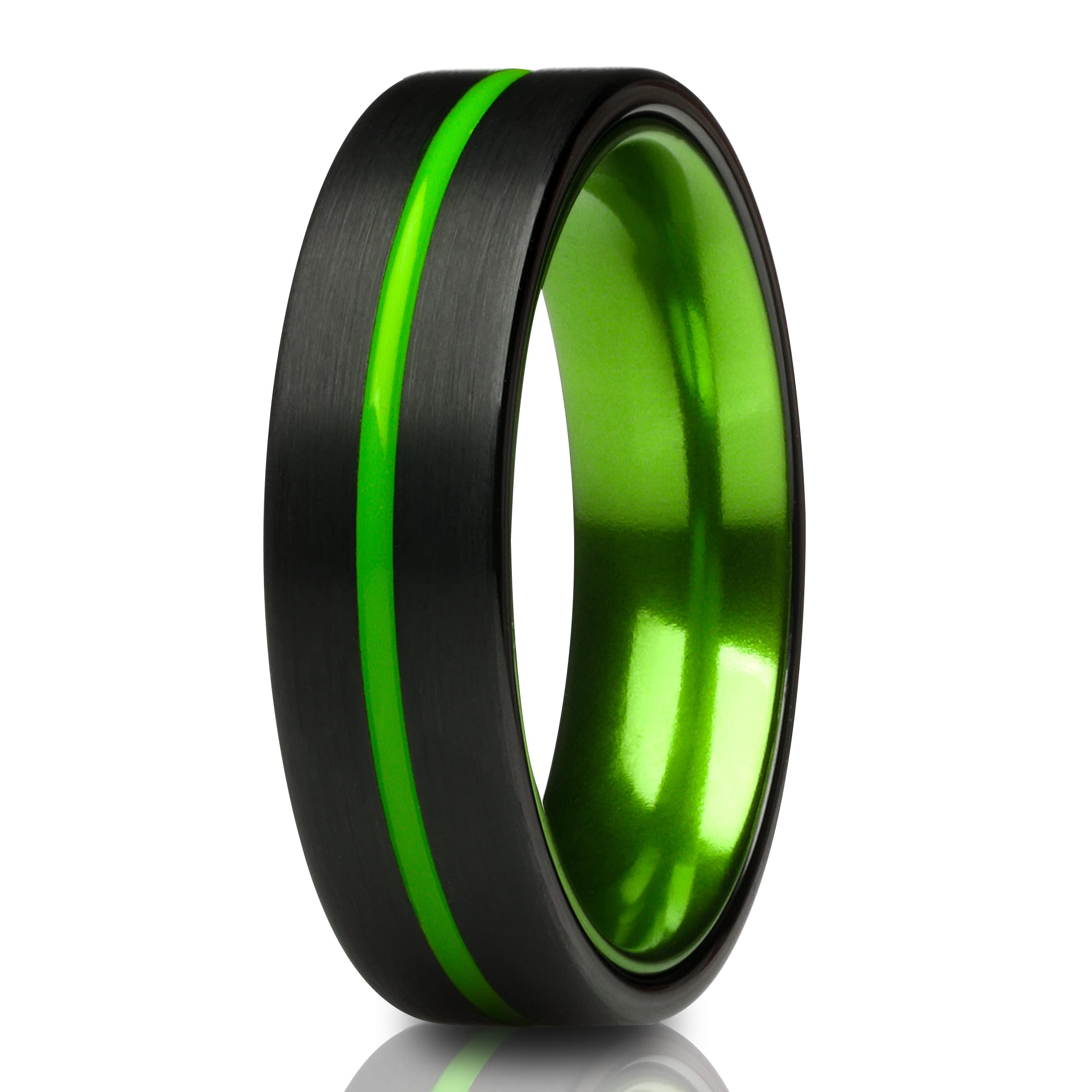 6mm Green Tungsten Wedding Band for Men - Durable Black Tungsten Carbide Ring - Anniversary & Engagement Ring - Perfect for Outdoor Activities & Daily Wear
