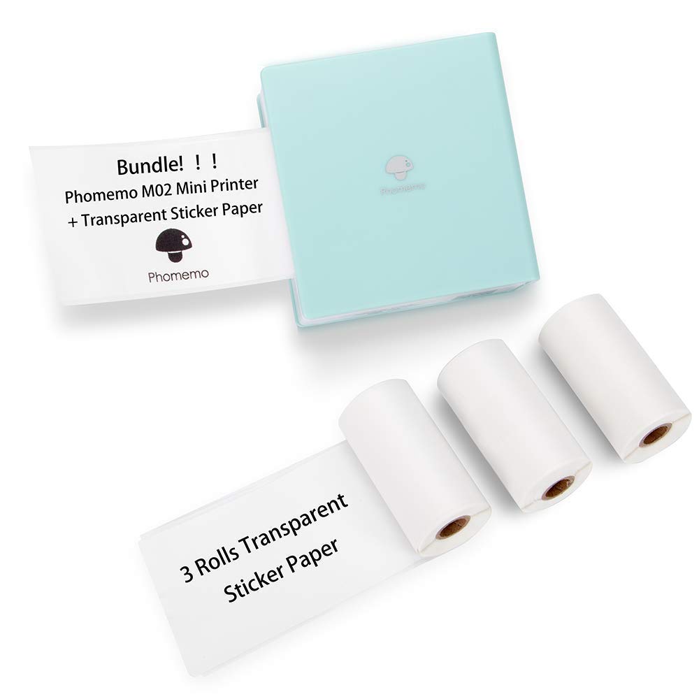 Phomemo M02 Mini Bluetooth Thermal Photo Printer - Portable Sticker Printer with 3 Rolls Transparent Sticker Paper, Compatible with iOS & Android for Journaling, Study Notes, DIY Crafts, Office Work & Gift Giving | Perfect for Bullet Journals, Scrapbooking & Home Organization