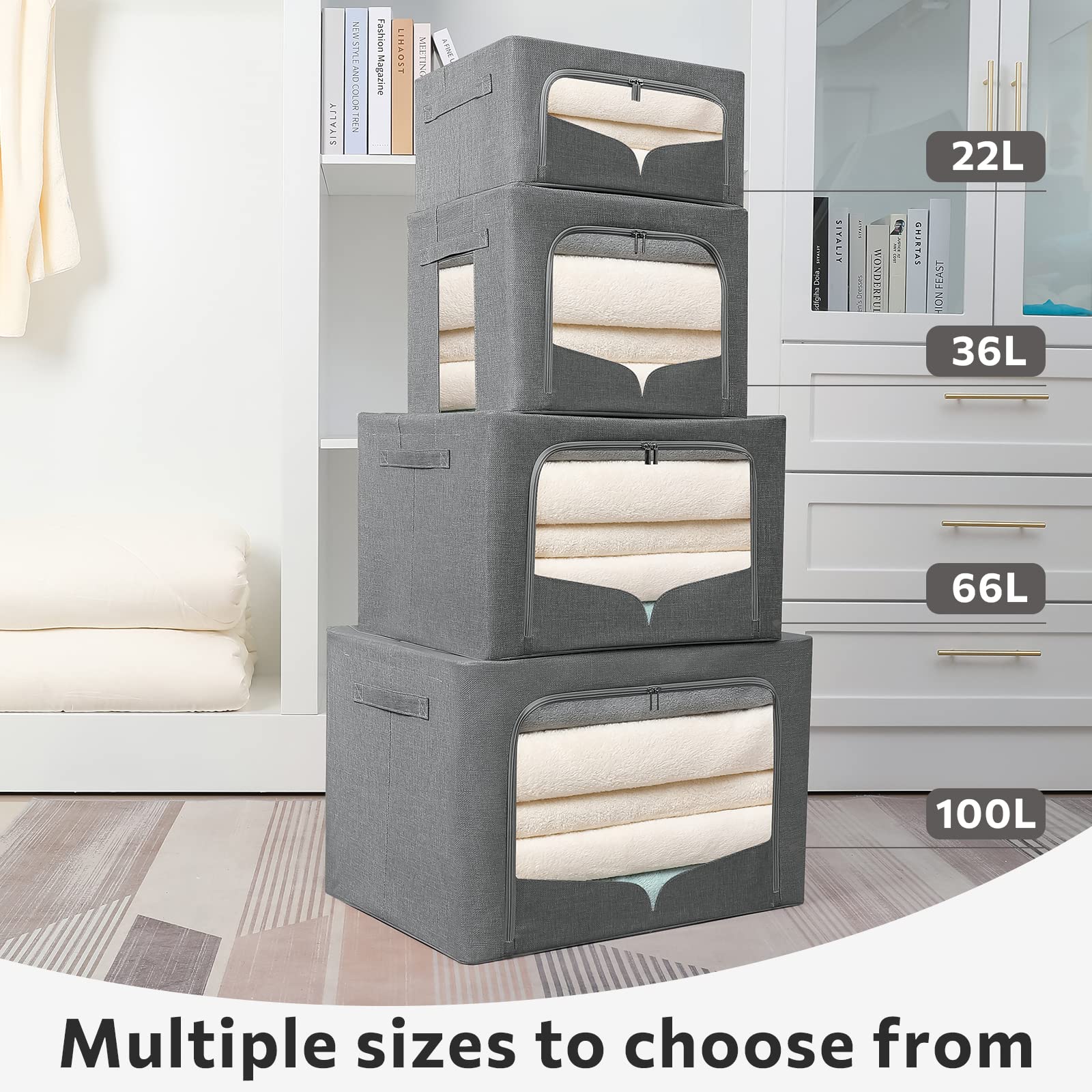 3-Pack Foldable Metal Frame Storage Bins with Clear Window & Handles - Stackable Linen Fabric Organizer for Clothes, Toys, Blankets (Dark Gray, 15.7x11.8x11.8 Inches, 36L) - Perfect for Closet, Nursery, Dorm & Home Organization