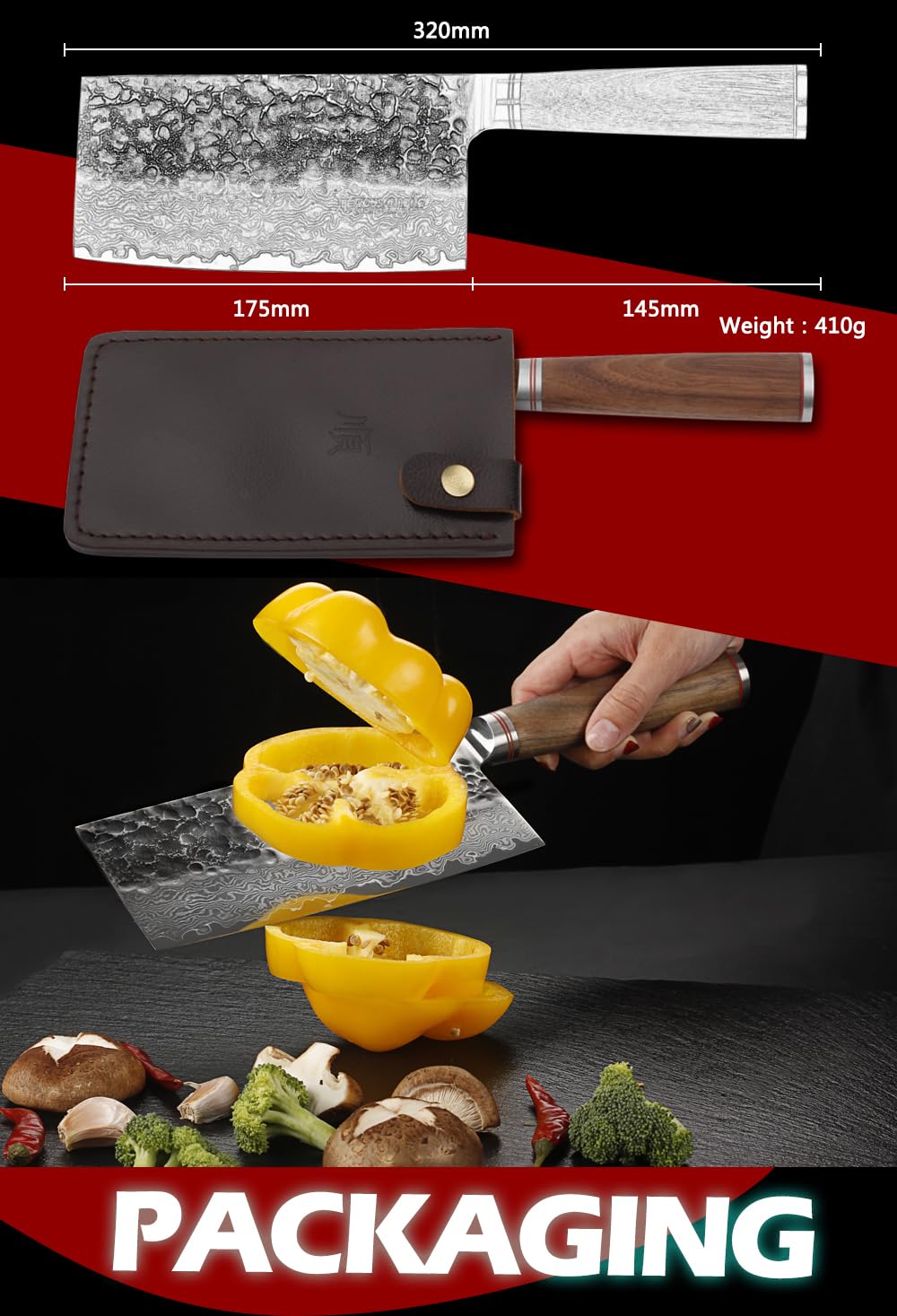 Premium 7-inch Japanese Damascus Steel Meat Cleaver - Professional Chef Knife with Walnut Wood Handle & Leather Sheath - Perfect for Chopping Meat, Vegetables & Herbs in Home Kitchens & Restaurants