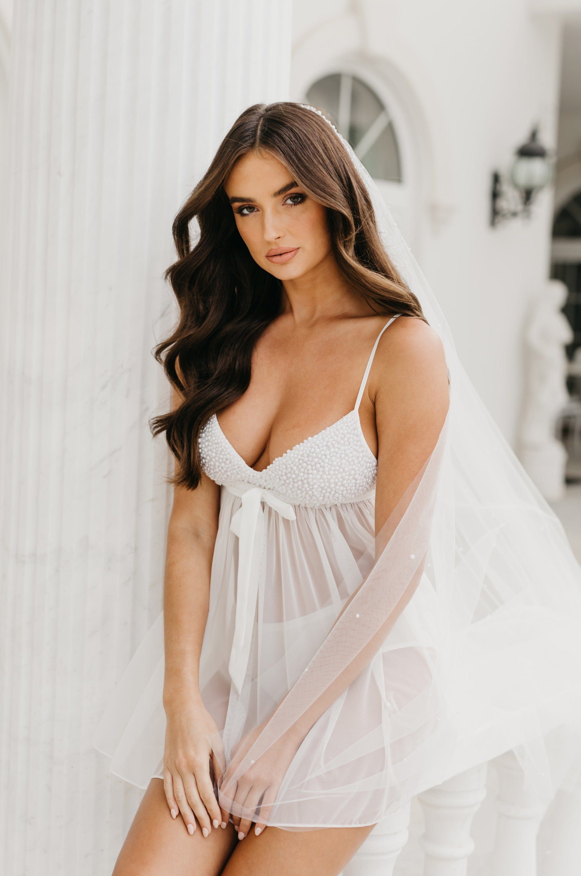 Elegant Florence Hand-Beaded Pearl Mesh Babydoll Bridal Slip - Perfect for Weddings, Bridal Showers & Romantic Occasions