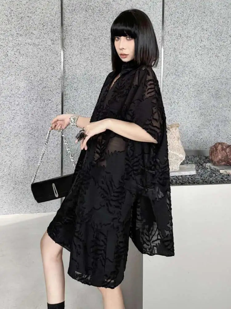 Black Jacquard Shirt & Wide Leg Shorts Two-Piece Set - Women's Fashion Short Sleeve Lapel Suit for Spring Summer 2025 | Office Wear, Casual Outfits & Vacation Style