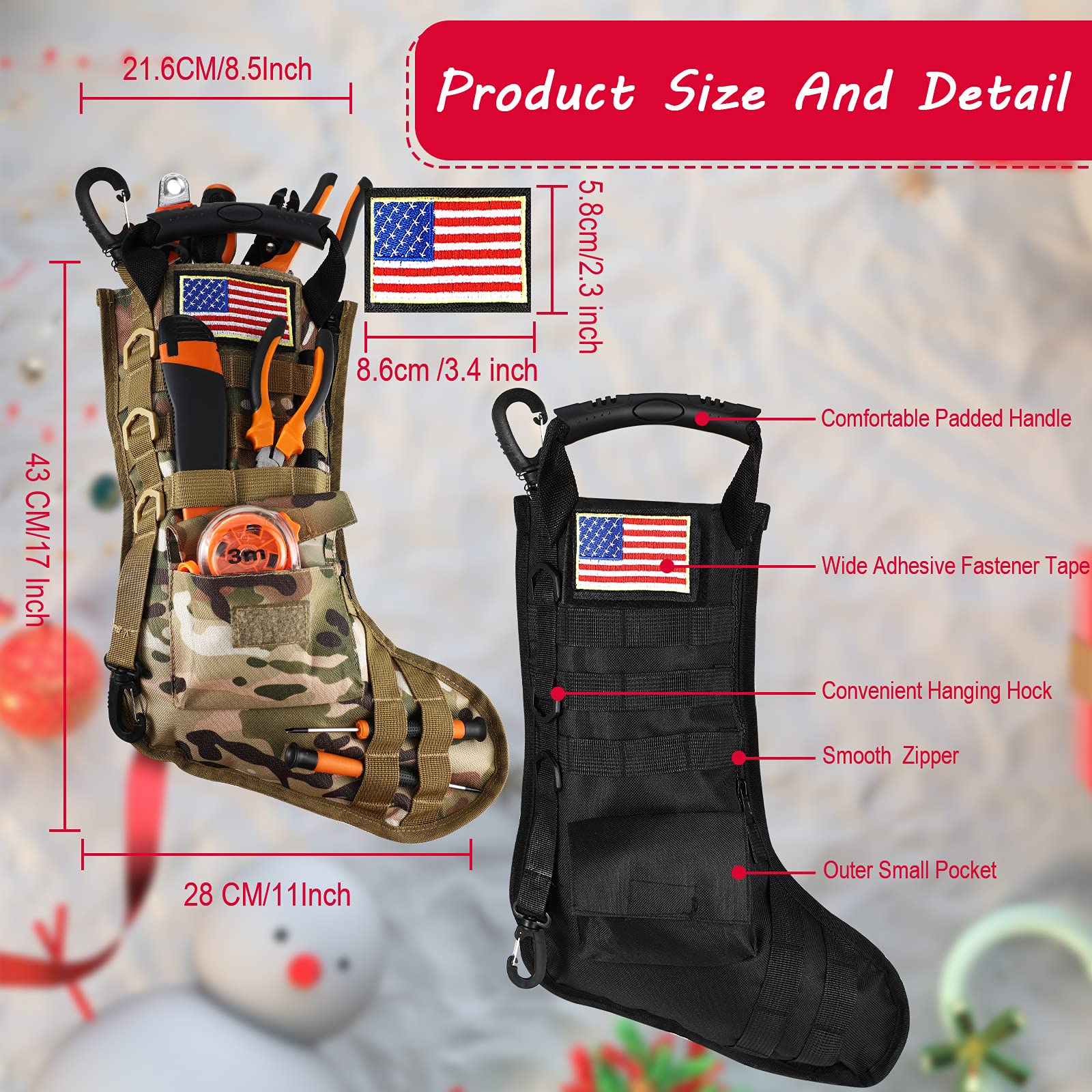 WILLBOND 2-Pack Tactical Military Christmas Stockings with American Flag Patches - MOLLE Compatible Gear Pouches for Holiday Decorations | Perfect for Xmas Tree Hanging, Fireplace Mantel Decor & Military-Themed Home Decor (Classic Style)