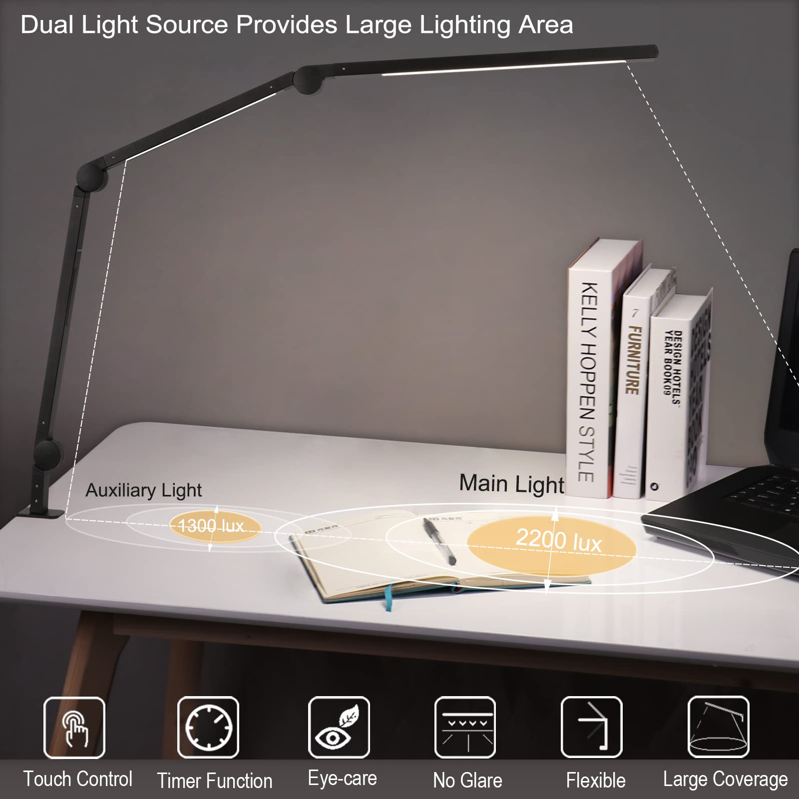 LED Desk Lamp with Clamp - Adjustable Brightness & Color Temperature, Touch Control, Memory & Timer Function, Swing Arm Architect Light for Home Office, Study, Reading, and Workstation Use